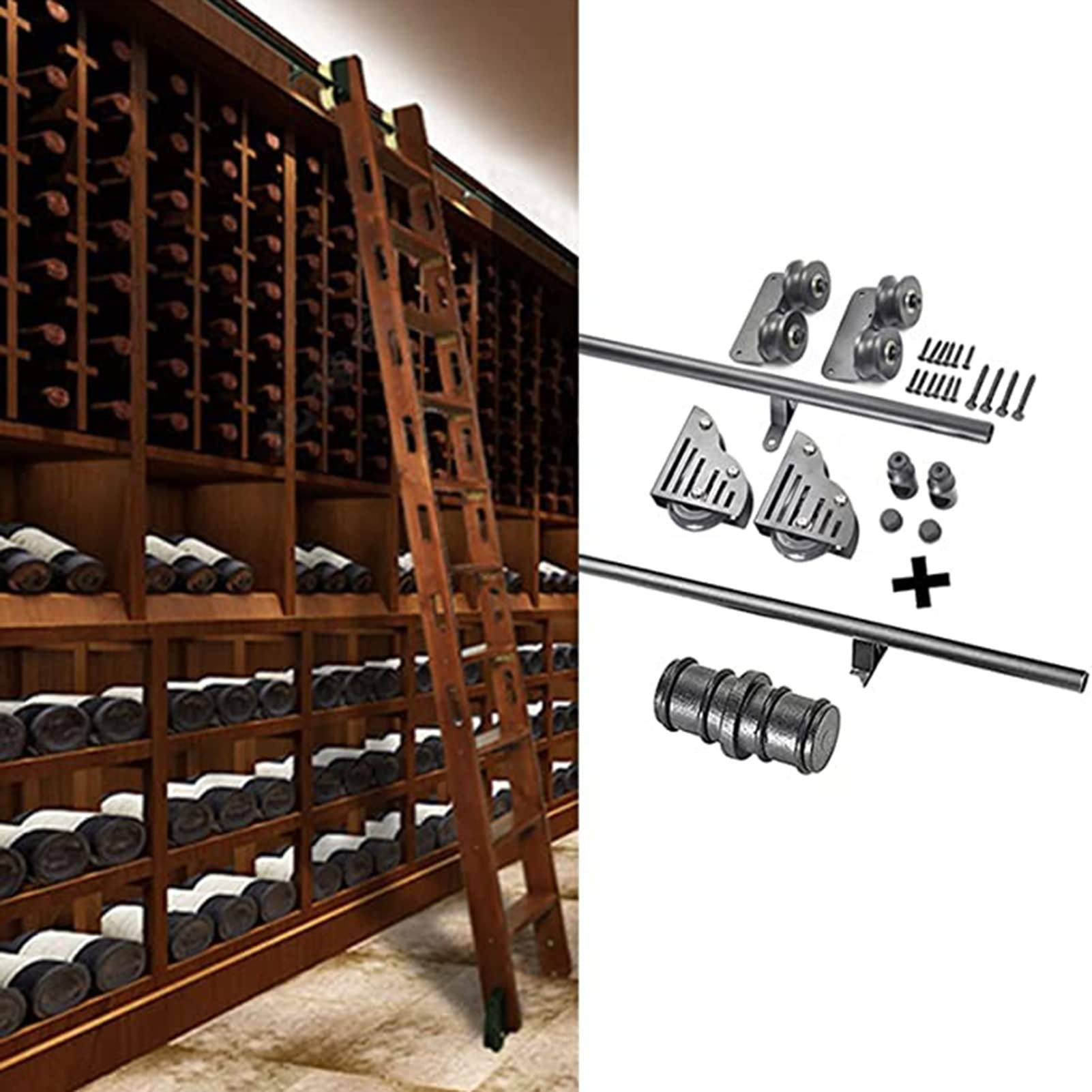 Kit rails ronds échelle roulante en acier fini noir rustique pour mezzanine