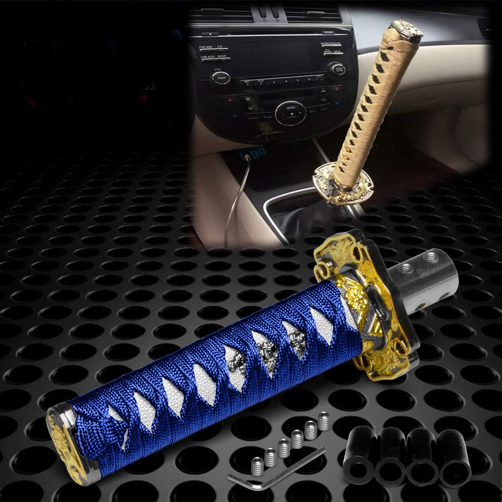 JDMBESTBOY Samurai Sword Blue White Shift Knob Shifter Alloy Katana Adapter Universal 10cm