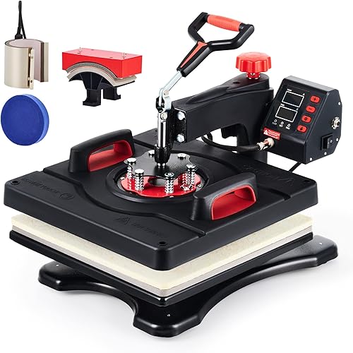CREWORKS Máquina de prensa de calor, prensa de transferencia de calor para camisetas de 15 x 15 pulgadas con tapa de placa 5 en 1 y columpio 360,