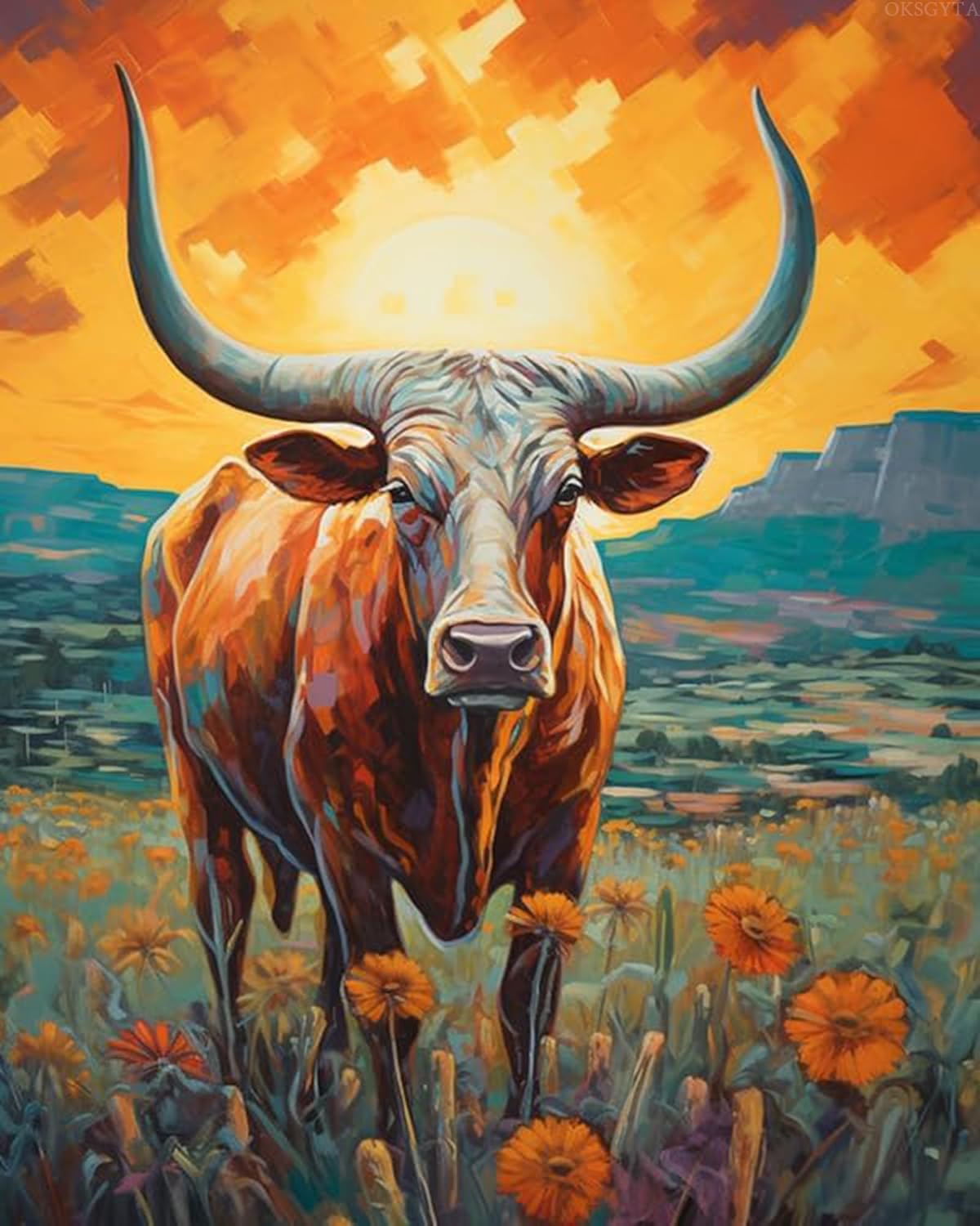 OKSGYTA Paint by Numbers for Adults, Animal Longhorn Cow, Acrylic Oil Painting by Numbers Kits for Beginner Art Crafts Canvas for Home Decor, 40x50cm