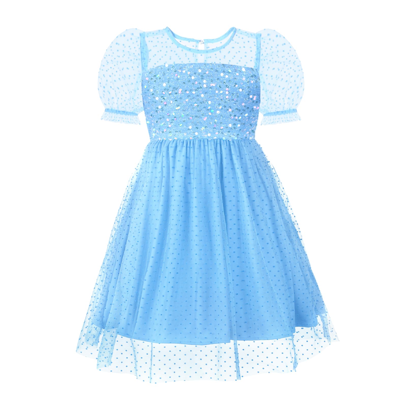 Girls Sparkly Sequin Tulle Sundress Polka Dot Mesh Puff Sleeve Party Dress 5-12Y