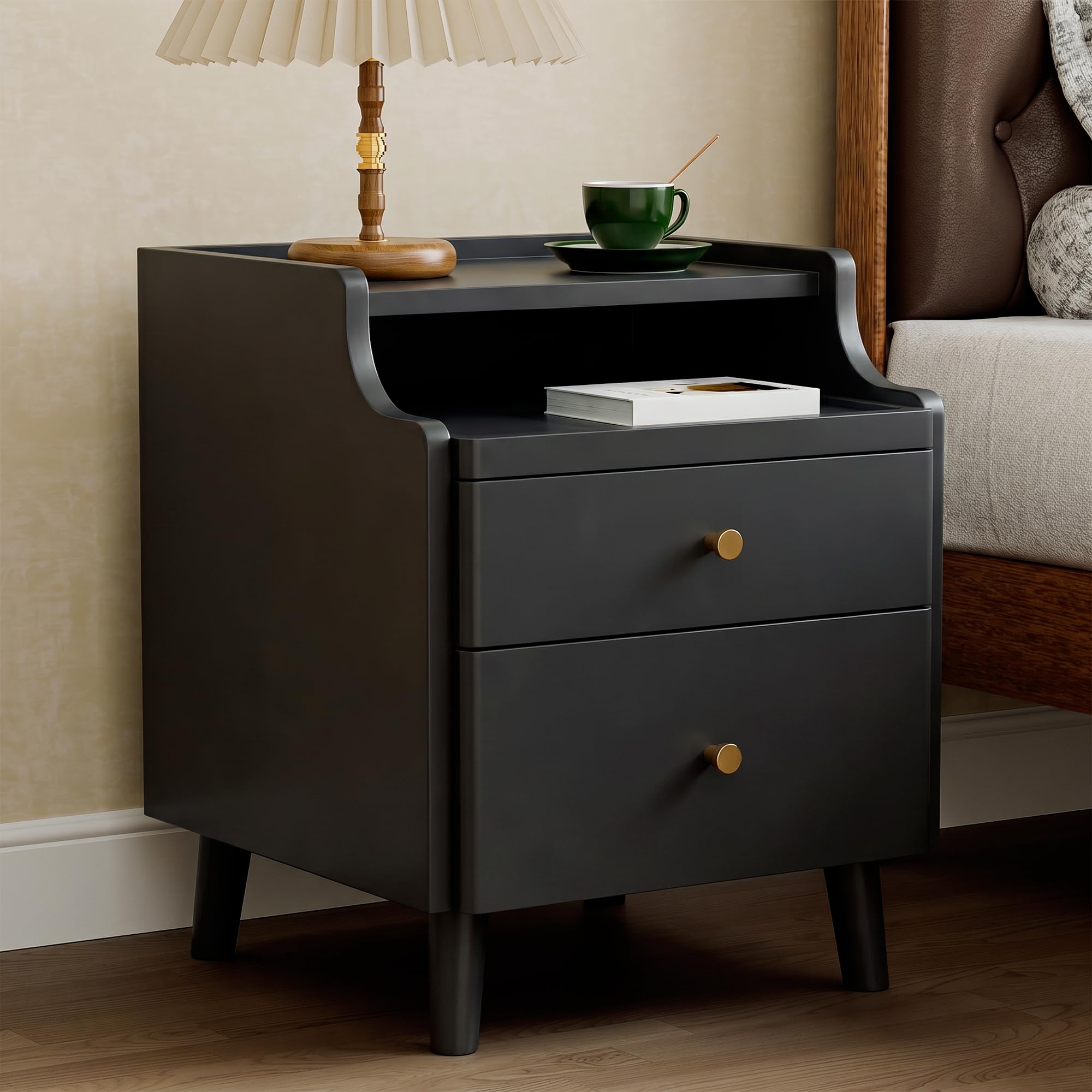 nightstand with drawers, pre-assembled, 19.7" h natural solid wood night stand with open sliding shelf, mid century modern small bedside table cabinet for bedroom, black 16"