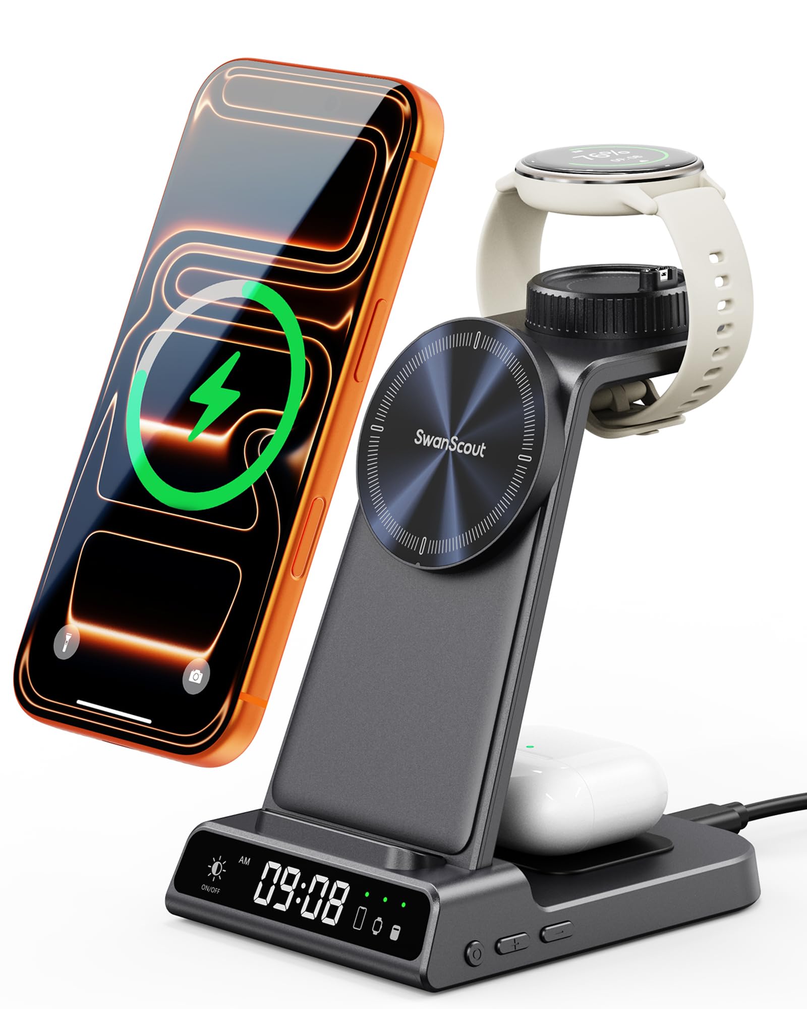 Caricatore per Garmin Watch, Caricatore Wireless Magnetico per iPhone 17 16 15 14, Stazione di Ricarica 3 in 1 per Garmin Fenix, Venu, Forerunner, Vivoactive e Instinct, AirPods Pro 3/4 (No Adapter)