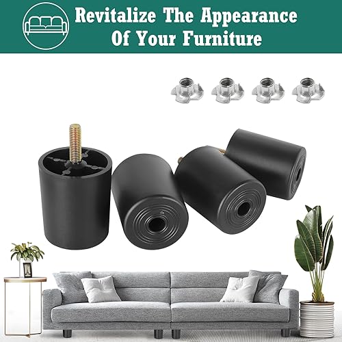 Miniatura 2 de Masendelk Patas de plástico para muebles de 2.4 pulgadas, patas redondas cónicas para mesa, patas de sofá negras, patas de repuesto con pernos de