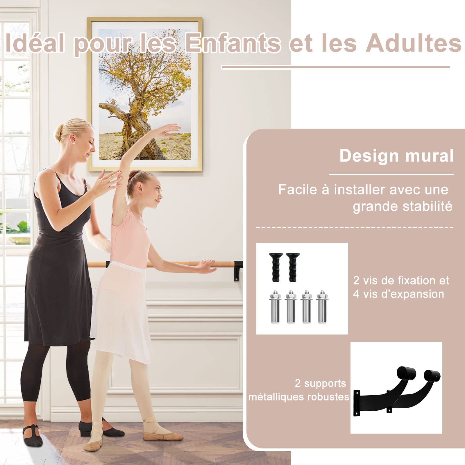 GYMAX Barre de Danse Classique Murale en Bois, Barre de Danse ∅3,8cm & 120cm de Largeur à Hauteur Fixe pour Maison, École, Studio