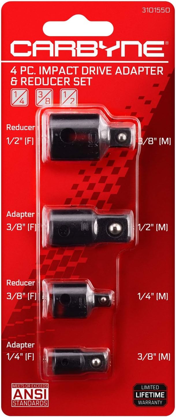 CARBYNE 4-Piece Impact Socket Adapter Set, CrV Steel, 1/4 to 3/8 to 1/2 in. Drive, Ratchet Adapter for Impact Wrench, Impact Adapter & Socket Adapters