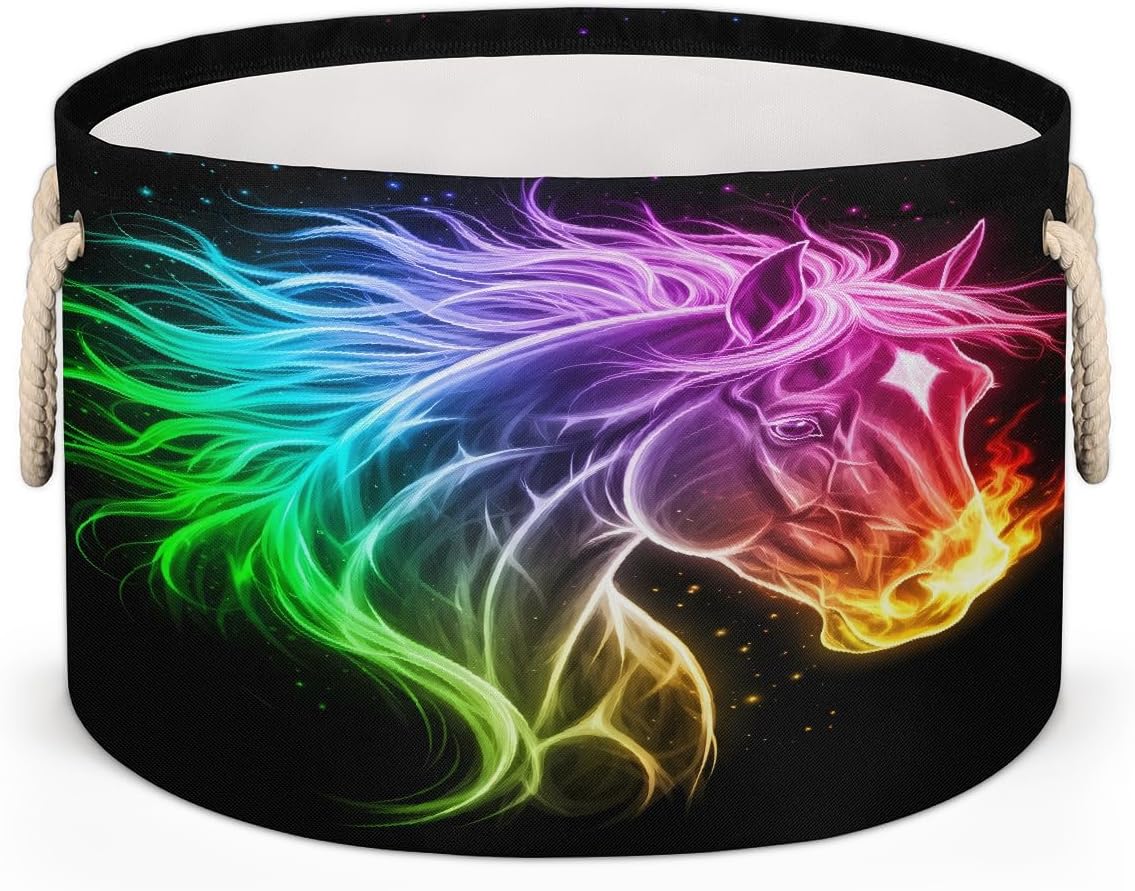 Large Storage Baskets - Rainbow Fire Horse Nursery Round Collapsible Organizer Bin Box, Laundry Hamper for Kids Toys, Blanket, Bedroom Living Room Home Decor, Gift Basket, 19.4"x13.3"