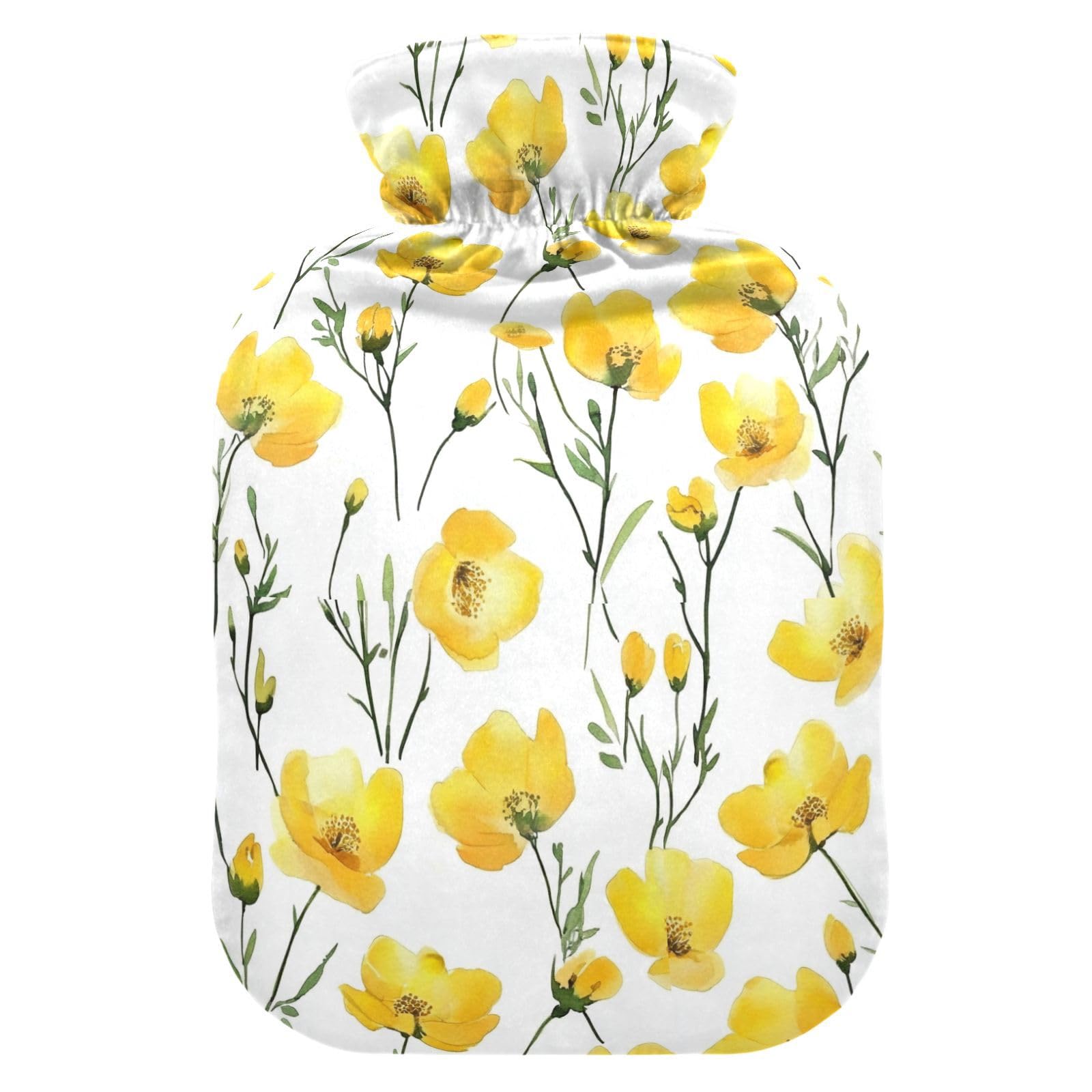 YNNALE Watercolor Yellow Flowers Poppy Floral Hot Water Bottle with Cover, 1Liter Soft Velvet Winter Warm Water Bag for Neck and Shoulder Pain Relief Period Cramps Bed Hand Feet Warmer