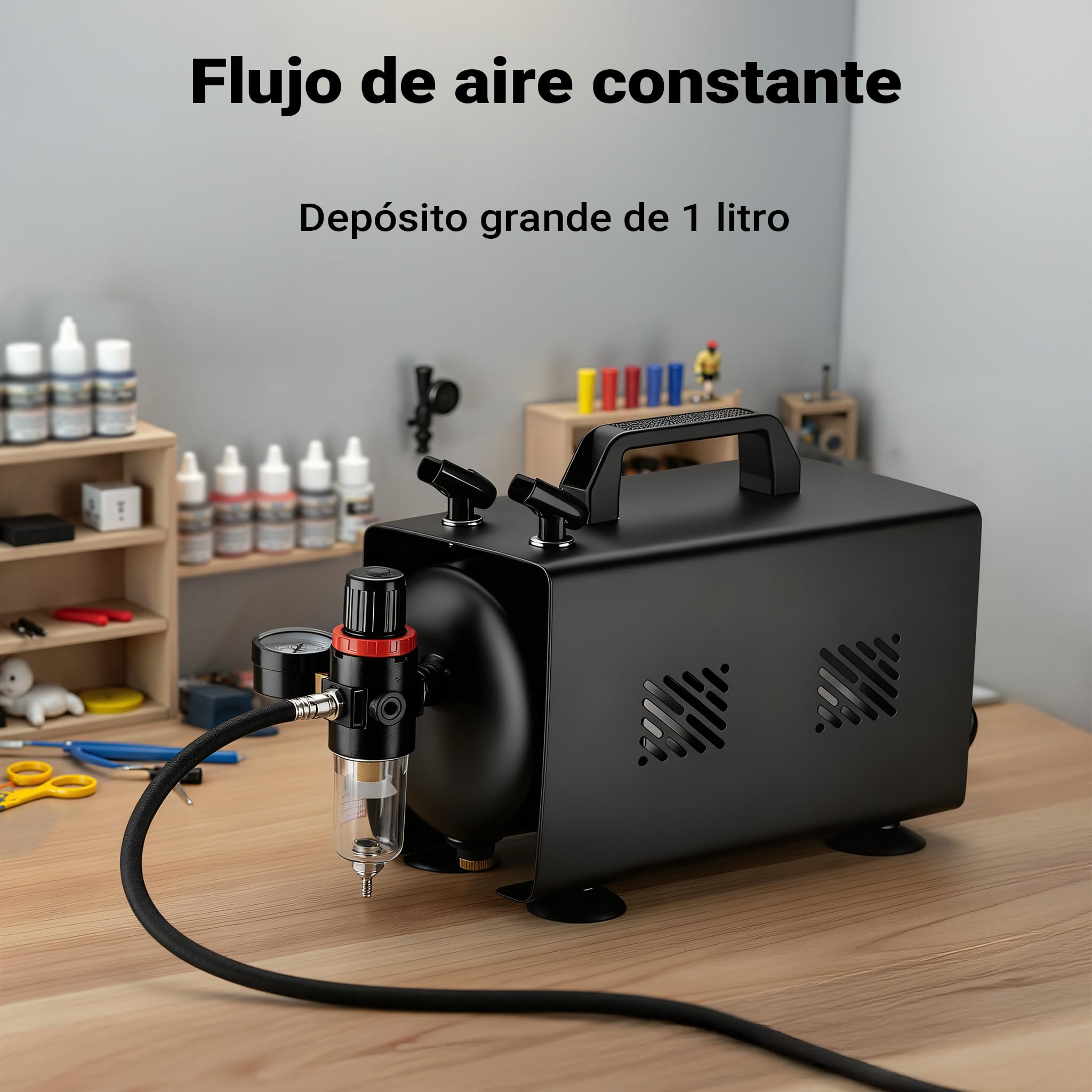 Wiltec Compresor para aerógrafo AS18TB 1/6 CV, compresor de aire comprimido con caudal de 20-23 l/min, para pistola aerográfica con 2 salidas y manómetro, diseño con pistola de aerografía