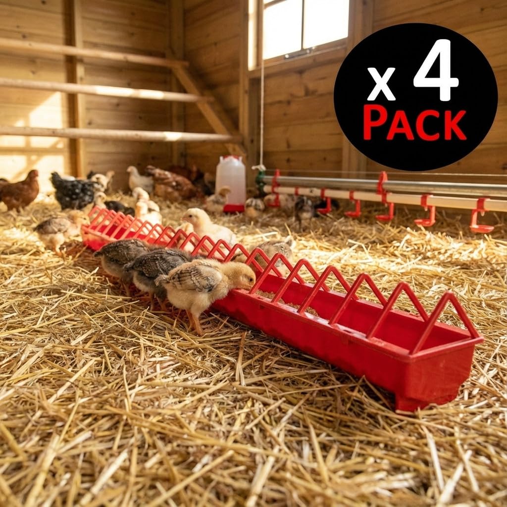 Suinga Pack 4 Comederos plásticos para Gallinas | Rejilla Ancha 100x12x13 cm | Comedero para Pollitos 1ª Edad | Canal Anti-Desperdicio