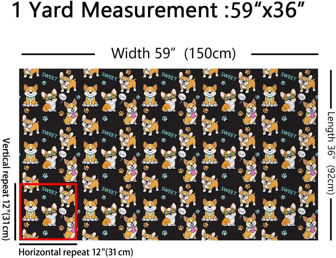 Corgi Dog Upholstery Fabric for Chairs,Cute Puppy Dog Outdoor Fabric by The Yard, Kawaii Pet Decorative Fabric for Upholstery and Home DIY Projects, 5 Yards, Yellow Black