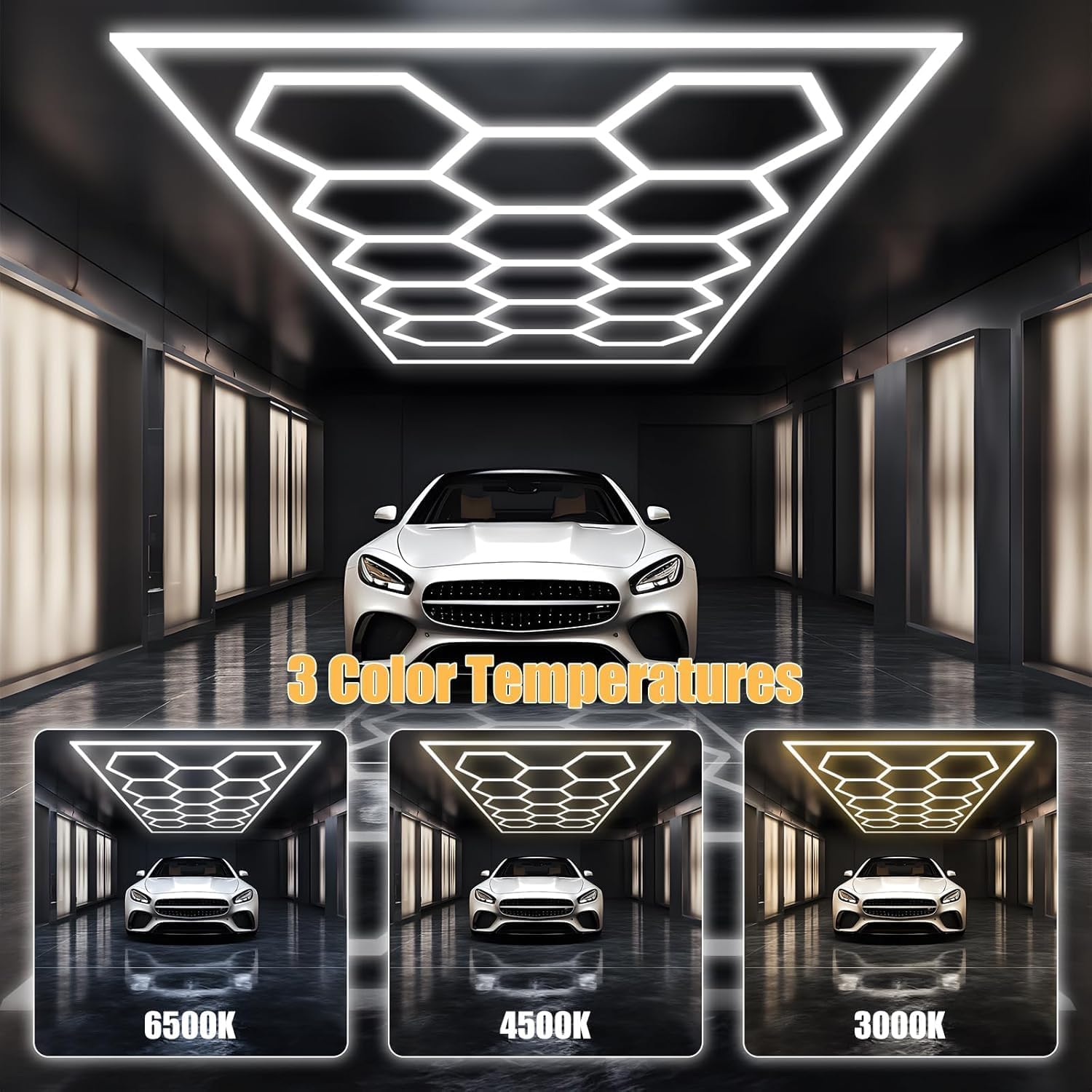 Sześciokątne światła LED, 3 temperatury barwowe sześciokątne oświetlenie garażowe z 6500 K / 4500 K / 3000 K, aluminiowe oświetlenie LED do garażu, siłowni, fryzjera, samochodu, sklepu samochodowego