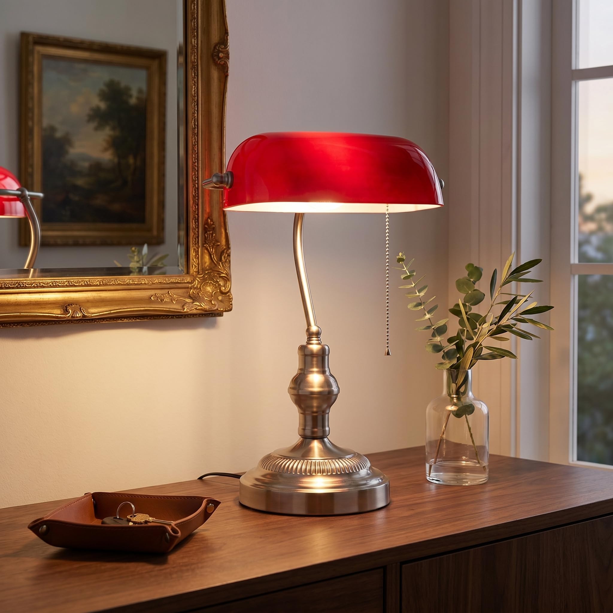 BARCELONA LED Bankerlampe Vintage Rot, Schreibtischlampe mit Glasschirm & Metallfuß in Nickel Satiniert, Retro Bürolampe im Industrial & Nordischen Stil, Klassische Tischleuchte mit E27 Fassung