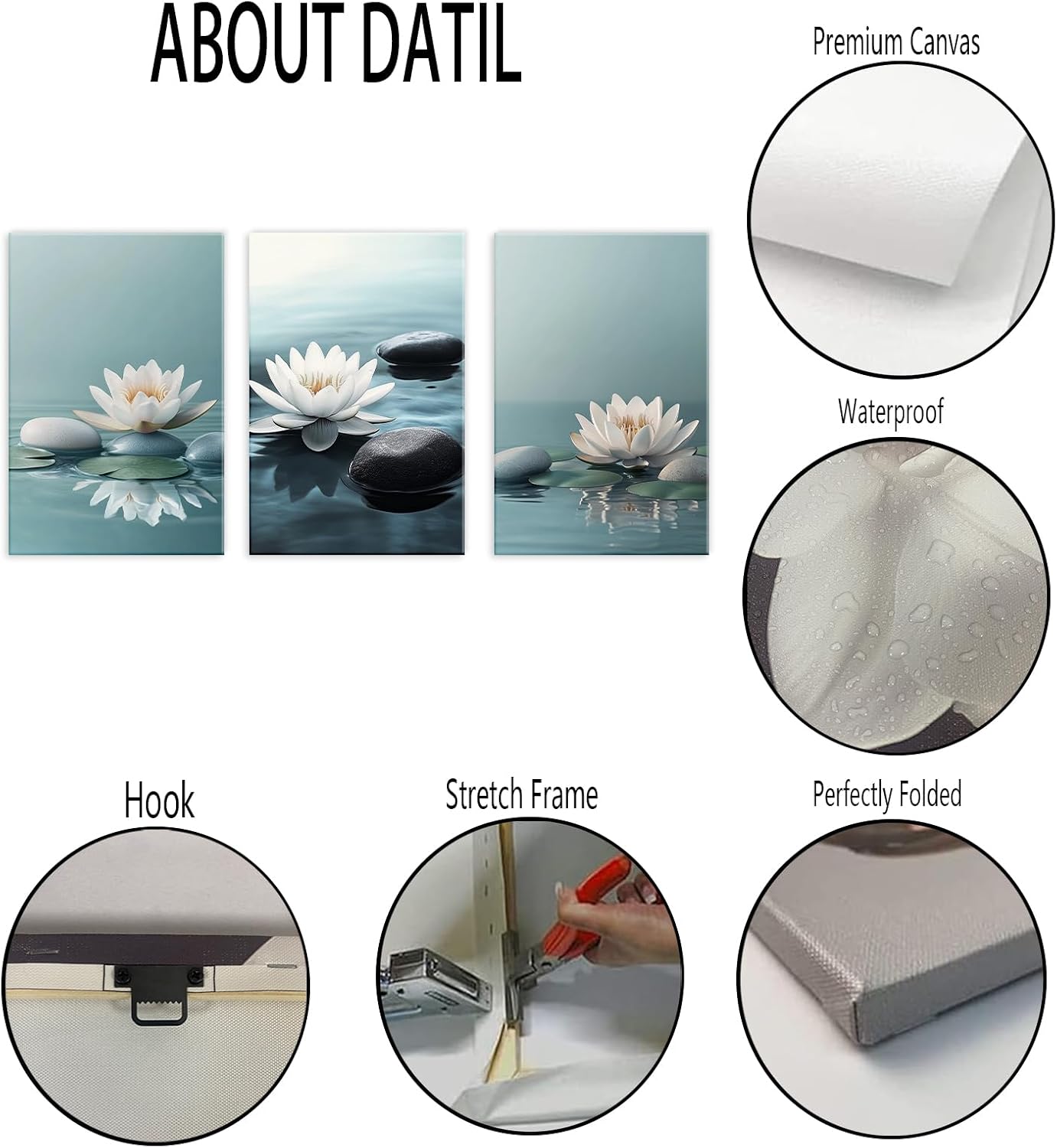 Zen Canvas Wall Art 3 Panel Blooming Lotus Floral In The Water Painting Black Pebble Pictures Framed Artwork Home Decoration Ready To Hang(Artwork-3,24"x36"x3pcs)