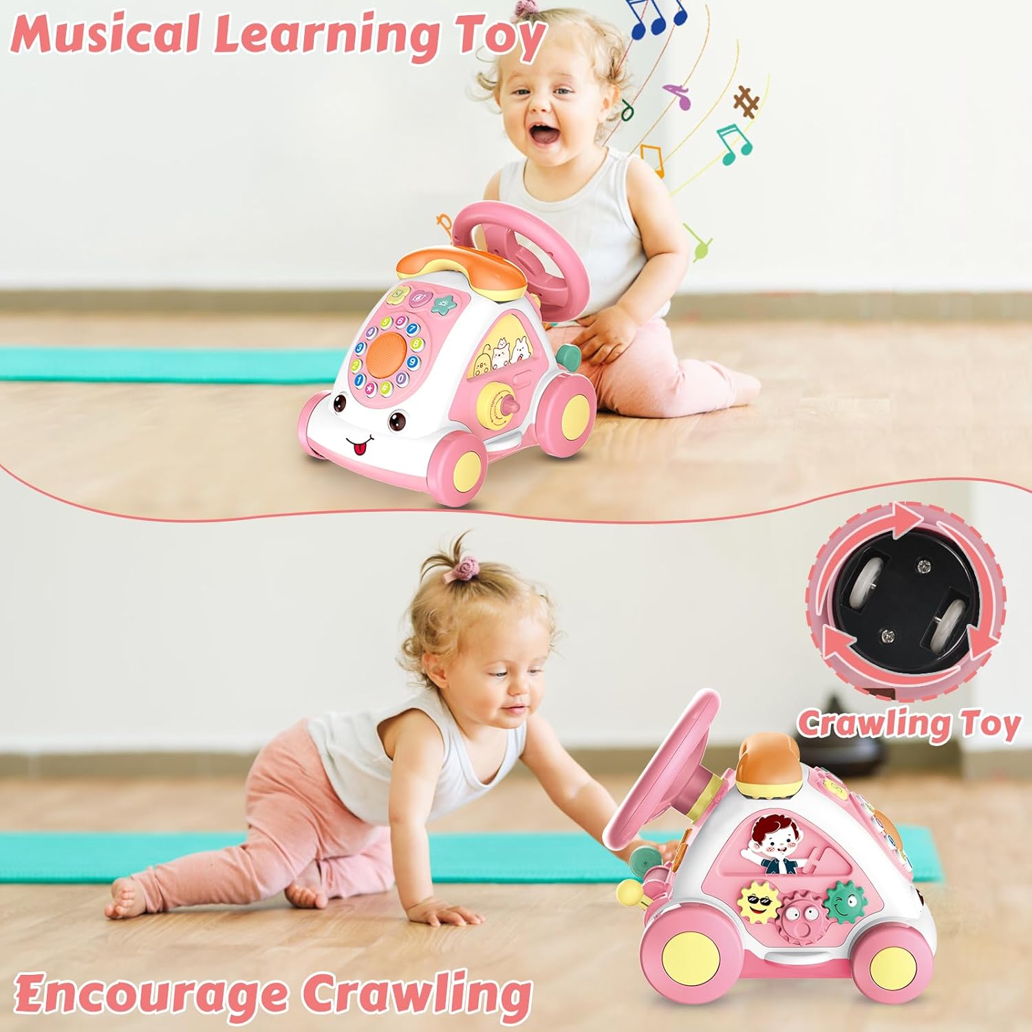 Toddler Toys for 1+ Year Old Girls - Music Toys Age 1-2 Learning Toys with Car/Sound/Music/Steering Wheel/Telephone/Lights Multi-Functional Car Early Educational Birthday Gift for Girl