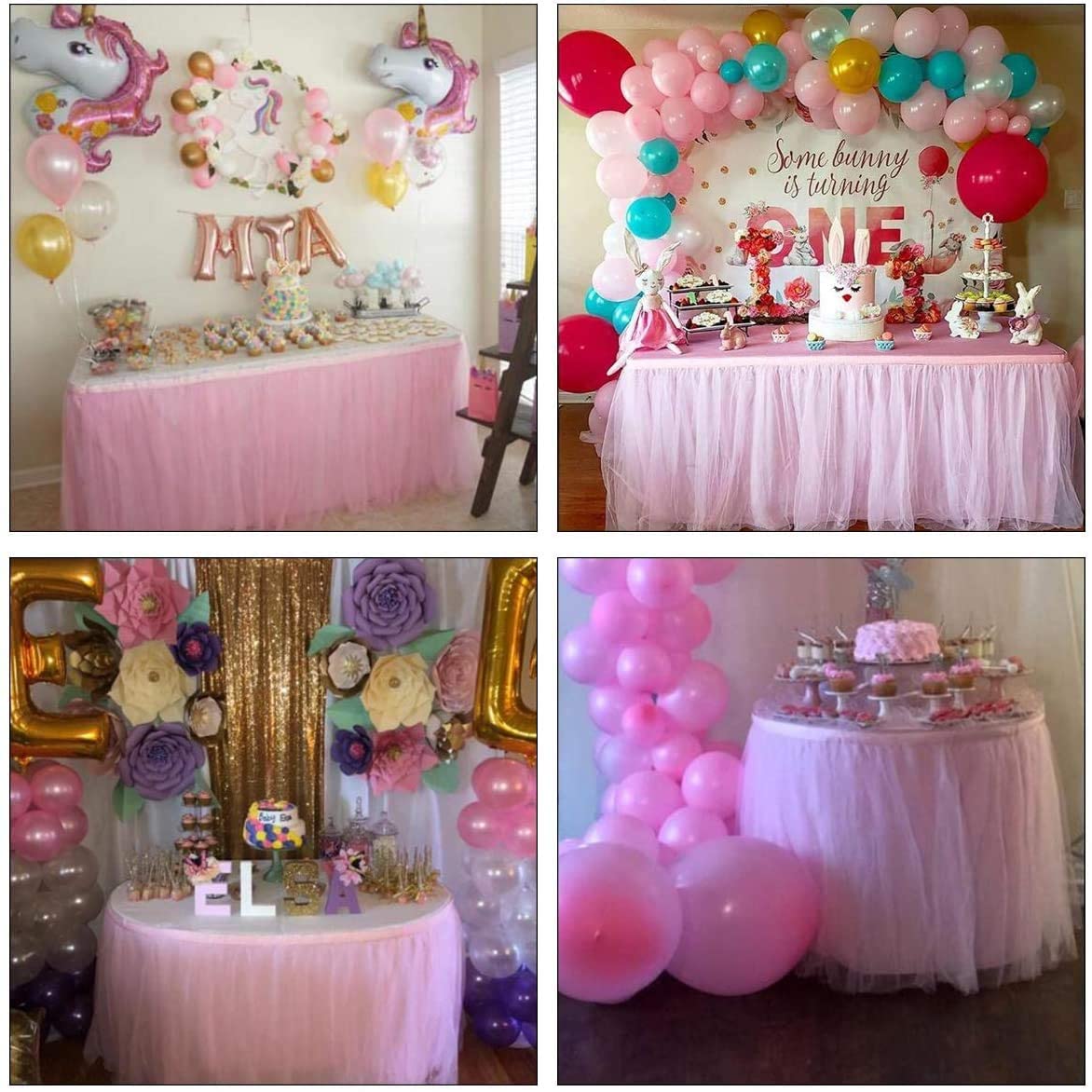 NSSONBEN Rosa Tulle Gonna da Tavolo Dessert per Torte, 2-Layer Ruffle Tulle Tutu Panno Gonne da Tavolo per Ragazze Festa di Compleanno Matrimonio Bambino Doccia Decorazione(L183×H76cm, No Tovaglia)