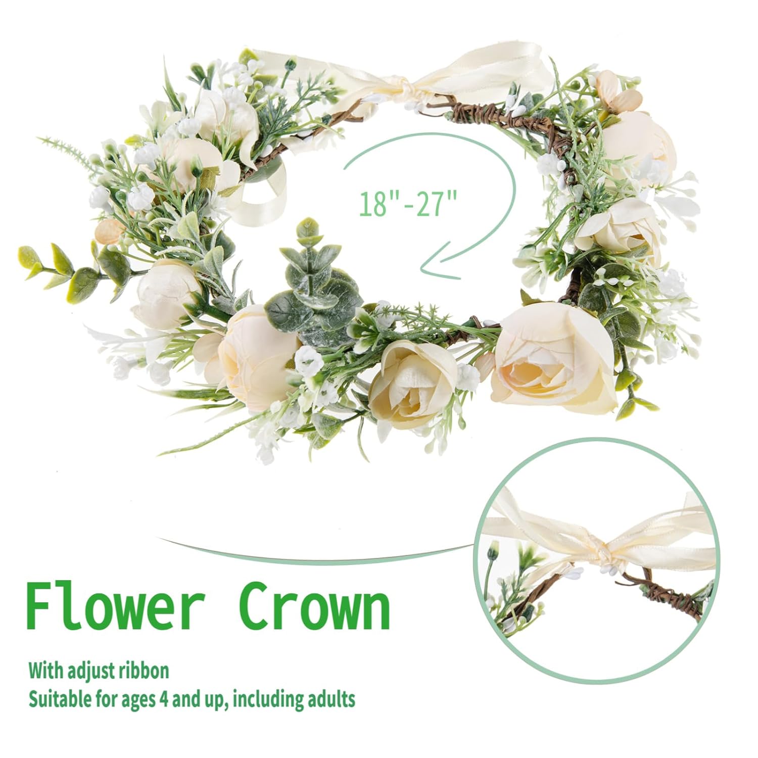 DreamLily Girls Camellias Flower Crown Birthday Photo Pops Hair Wreath Wedding Festival Floral Headpiece XM11 (A-Champagne) - Image 3