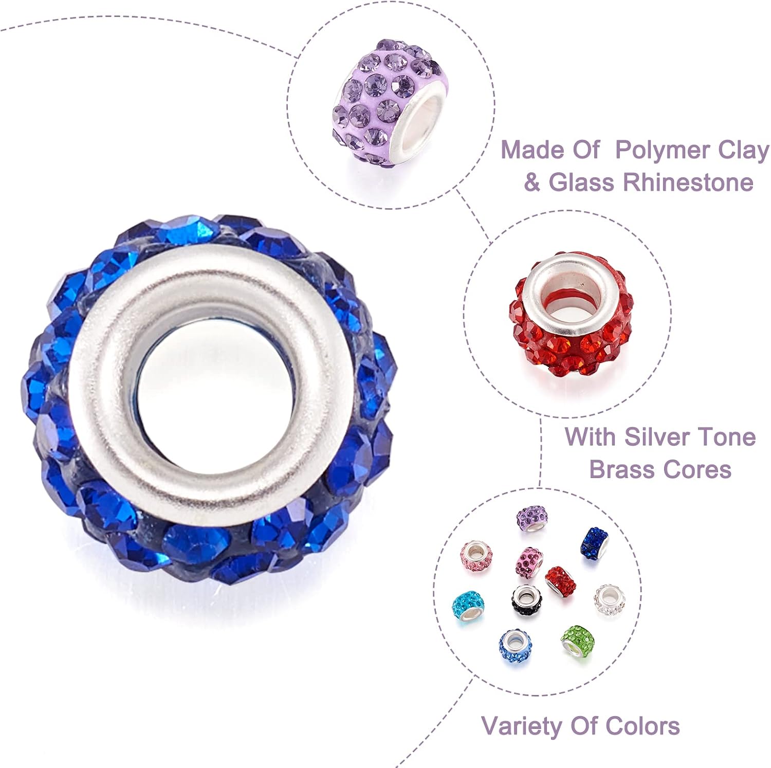 Craftdady 100pcs Polymer Clay Large Hole European Spacer Beads with Rhinestone 11-12x7-7.5mm 10 Colors Rondelle Beads with Metal Core for Snake Chain Bracelet Jewelry Making Hole: 5mm