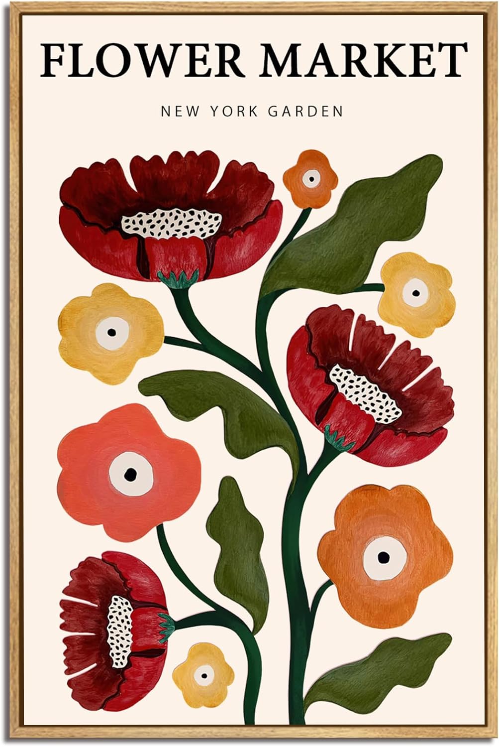 Gufro Boho Flower Market Framed Canvas Wall Art,Red Aesthetic Abstract Canvas Floral Wall Art for Bathroom，Living Room-12x16in