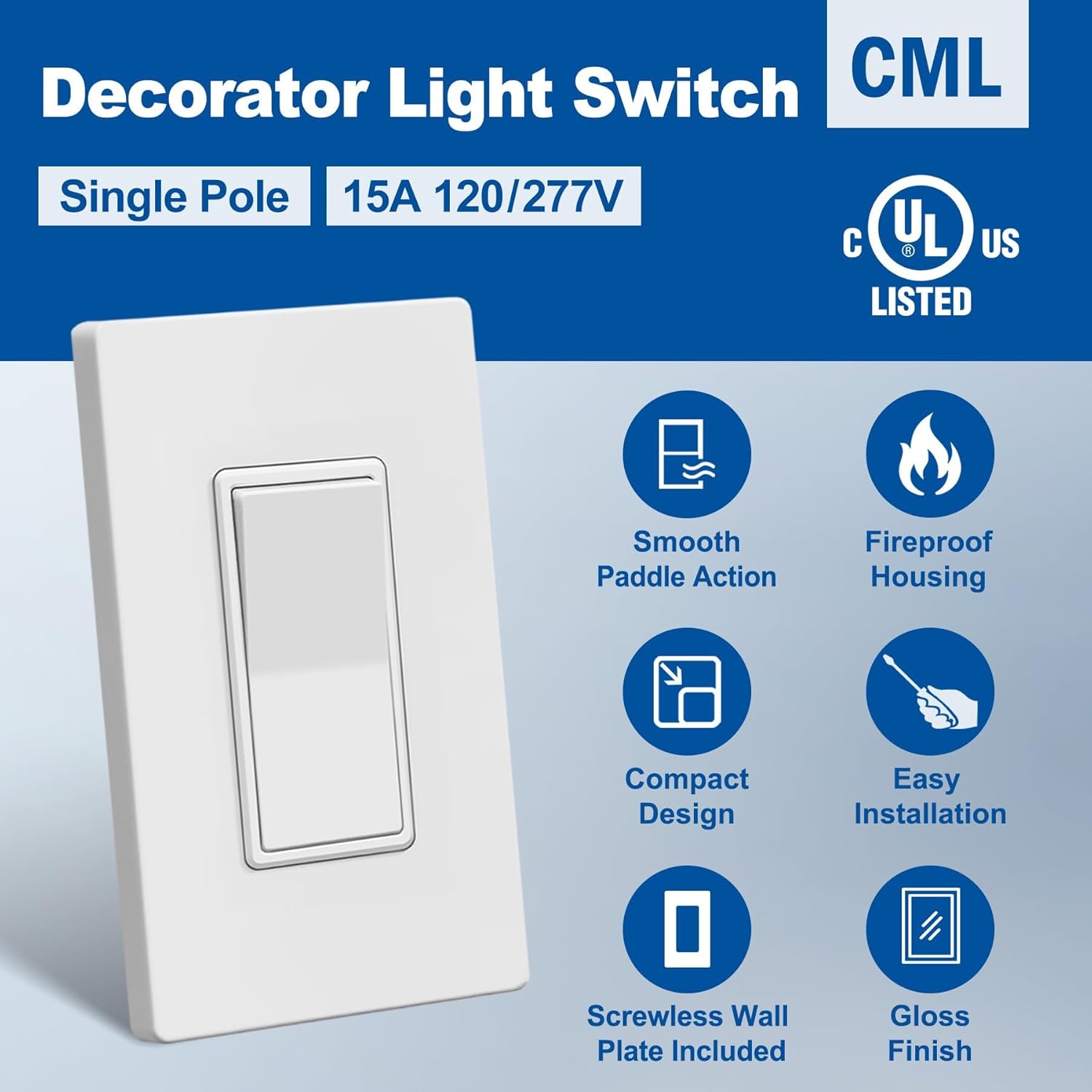 CML Single Pole Decorator Light Switch, 30 Pack Rocker Paddle Wall Switch, 15A 120/277V, On/Off Interrupter, Screwless Wallplate Included, UL Listed, White