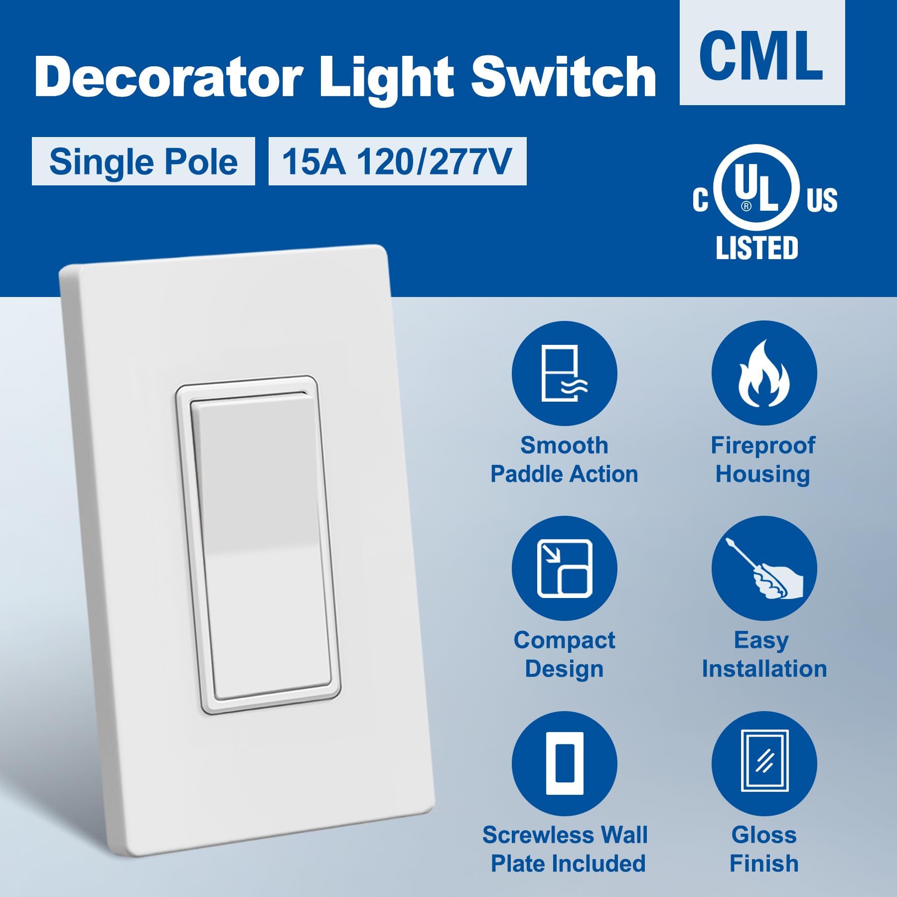 CML - Interruptor de luz decorativo de un solo polo, paquete de 30 interruptores de pared de paleta basculante, 15 A 120/277 V, interruptor de encendido/apagado, placa de pared sin tornillos incluida
