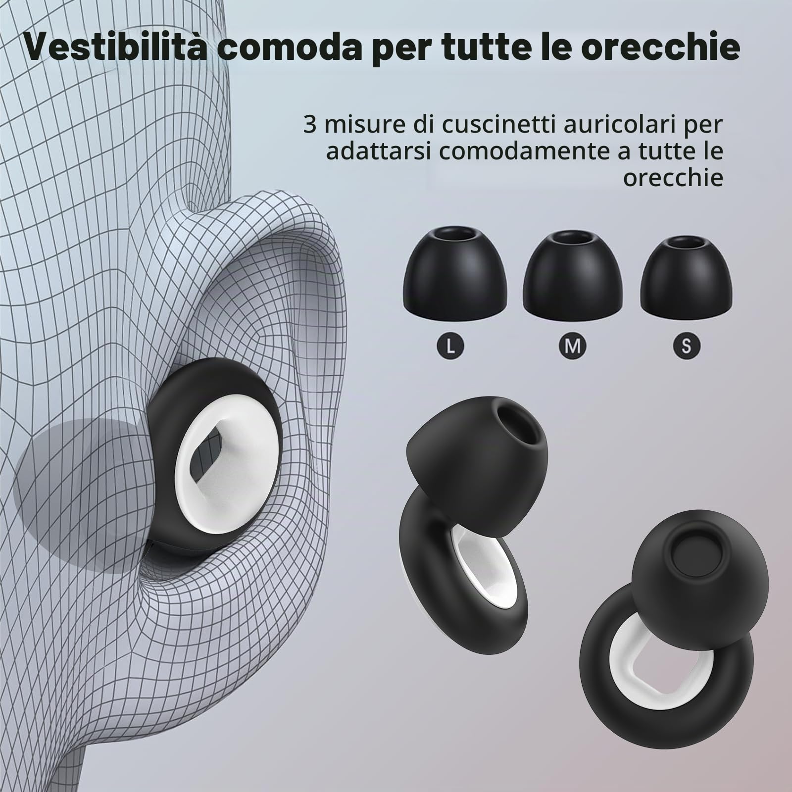 Tappi Auricolari Anti-Rumore 33dB in Silicone Riutilizzabili 3 Taglie per Adulti con Custodia