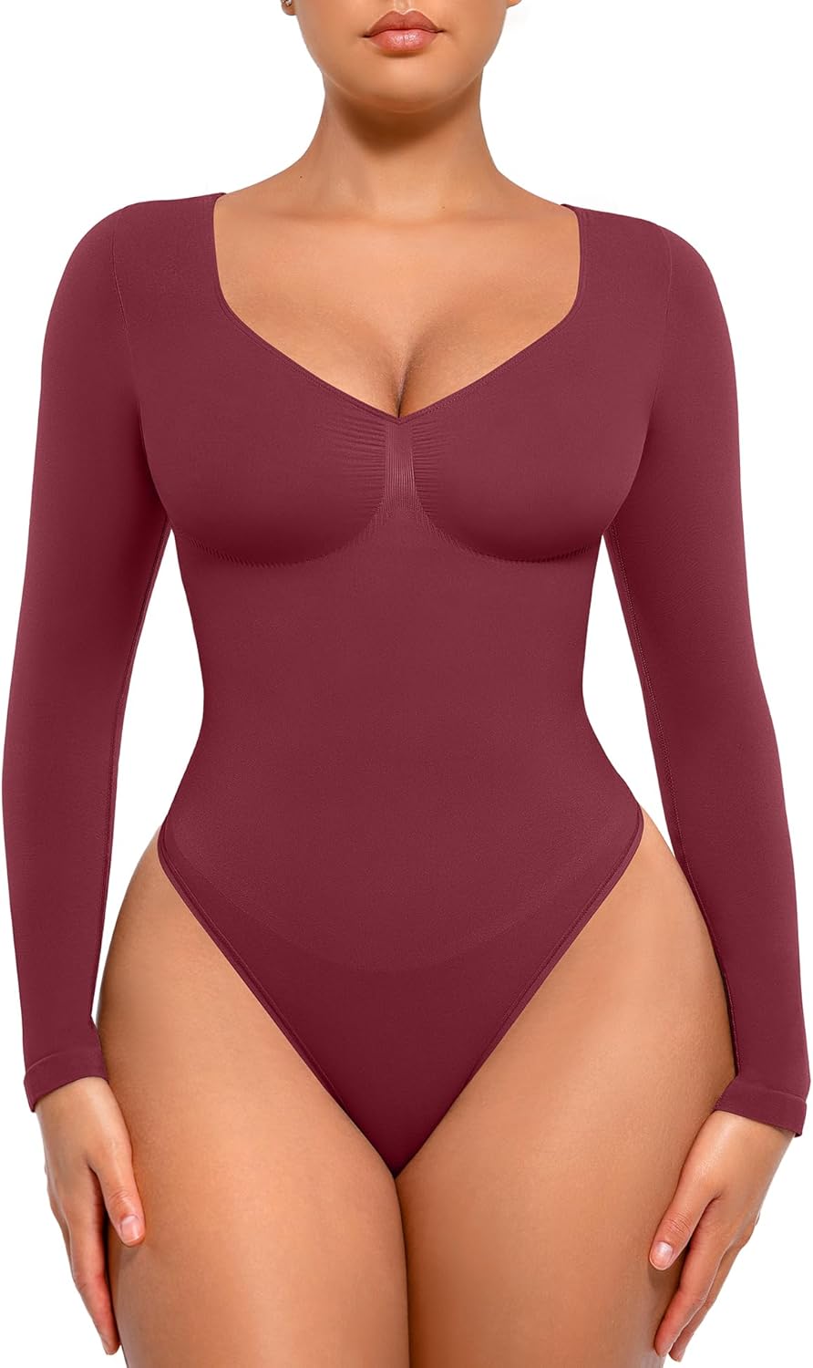 FeelinGirl Women's Long Sleeve Shapewear Bodysuit for Tummy Control Seamless Body Suits Thong V Neck Going Out Tops Large Vermilion