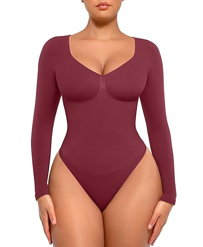 FeelinGirl Women's Long Sleeve Shapewear Bodysuit for Tummy Control Seamless Body Suits Thong V Neck Going Out Tops - X-Large - Vermilion