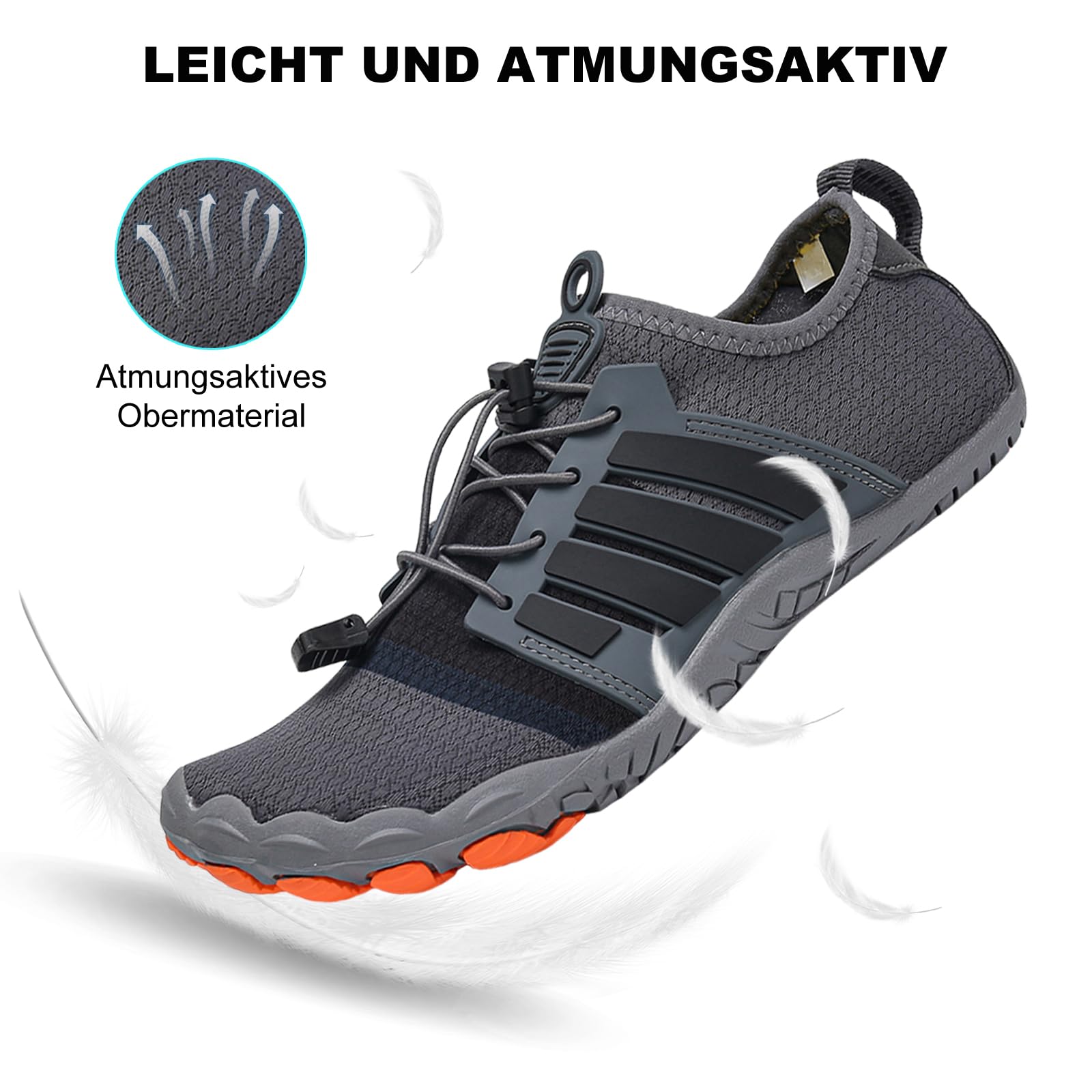 RUYI Unisex Barfußschuhe Damen Herren Traillaufschuhe, Weich Leicht Fitnessschuhe mit rutschfest Sohle & Breiter Zehenbox, Schnell Trocknend Badeschuhe, A35 Grau, 40 EU