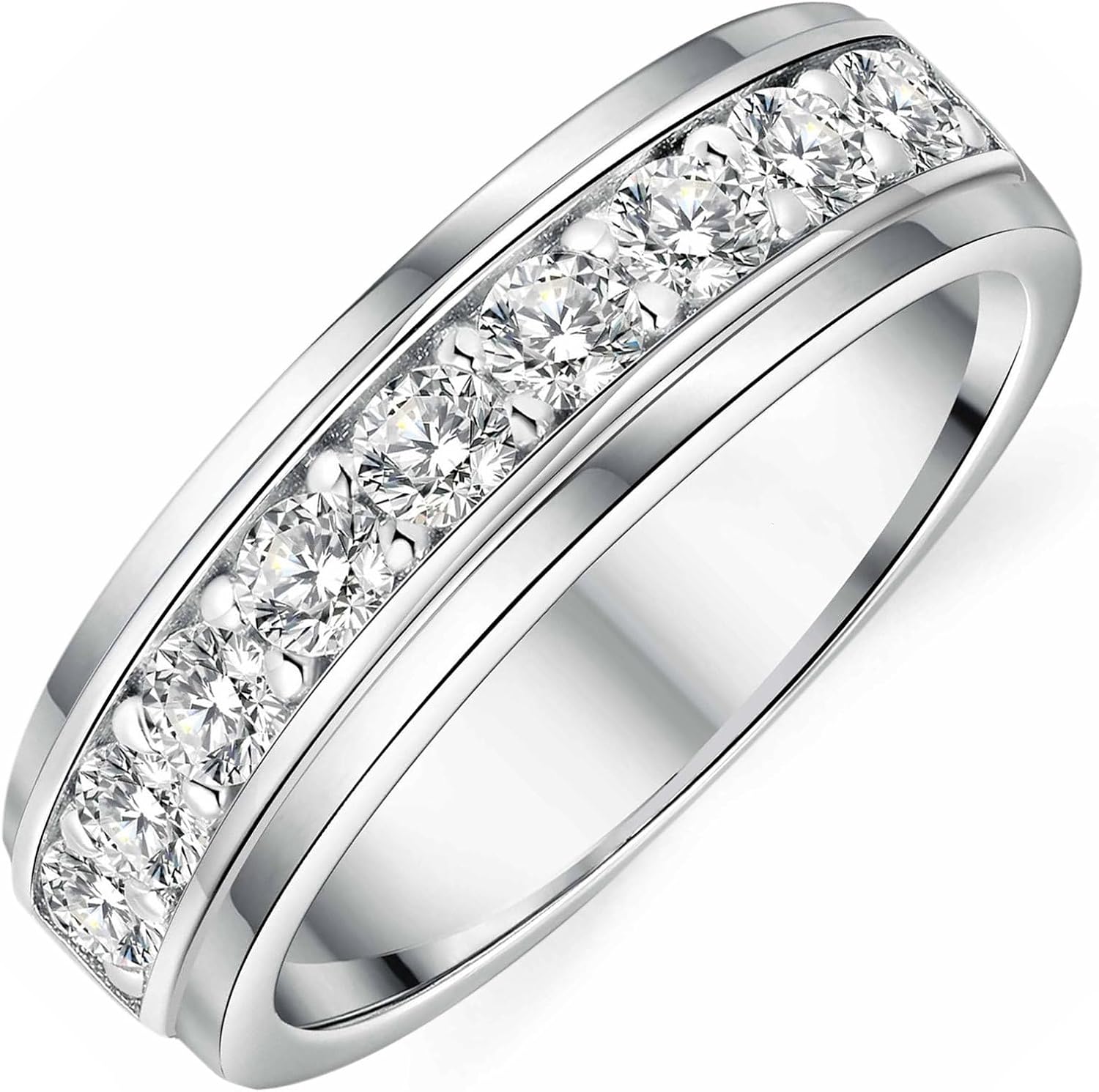 Mens Moissanite Wedding Band Silver Rings For Men 14K White Gold Plated 1ct D Color VVS1 Clarity Brilliant Lab Created Stone 9 Round Cut Engagement Rings For Him Size 7-14