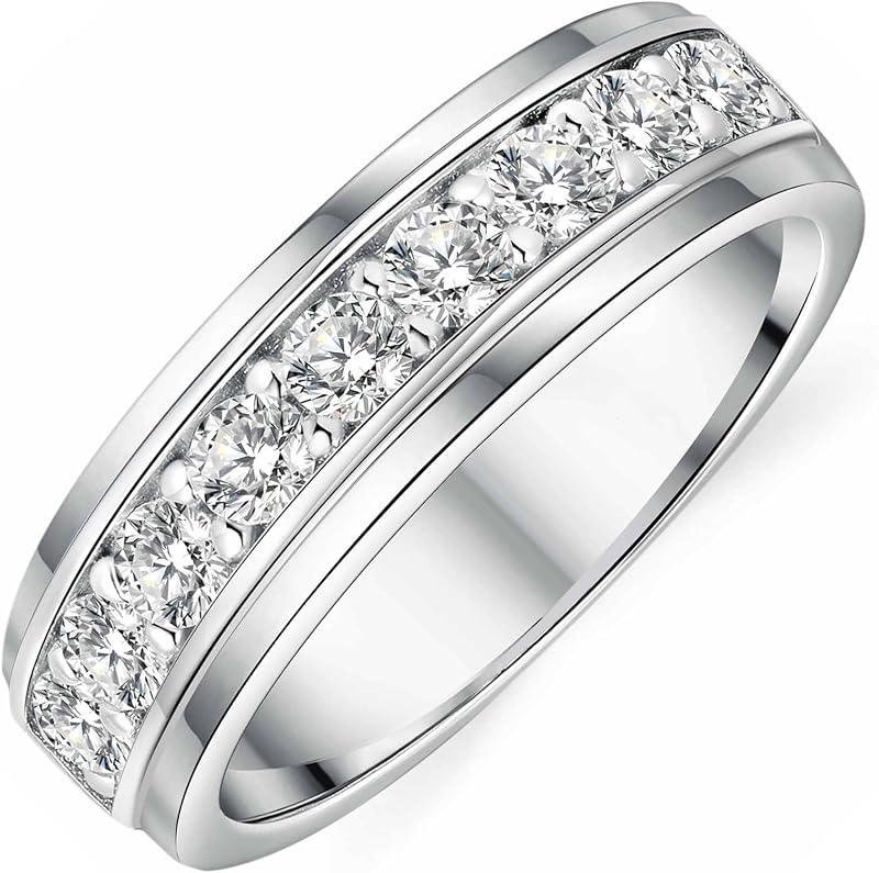 Men 1ct Moissanite Ring Silver Plated 9 Round Cut Wedding Band
