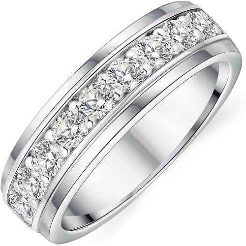 Mens Moissanite Wedding Band Silver Rings For Men 14K White Gold Plated 1ct D Color VVS1 Clarity Brilliant Lab Created Stone 9 Round Cut Engagement Rings For Him Size 7-14