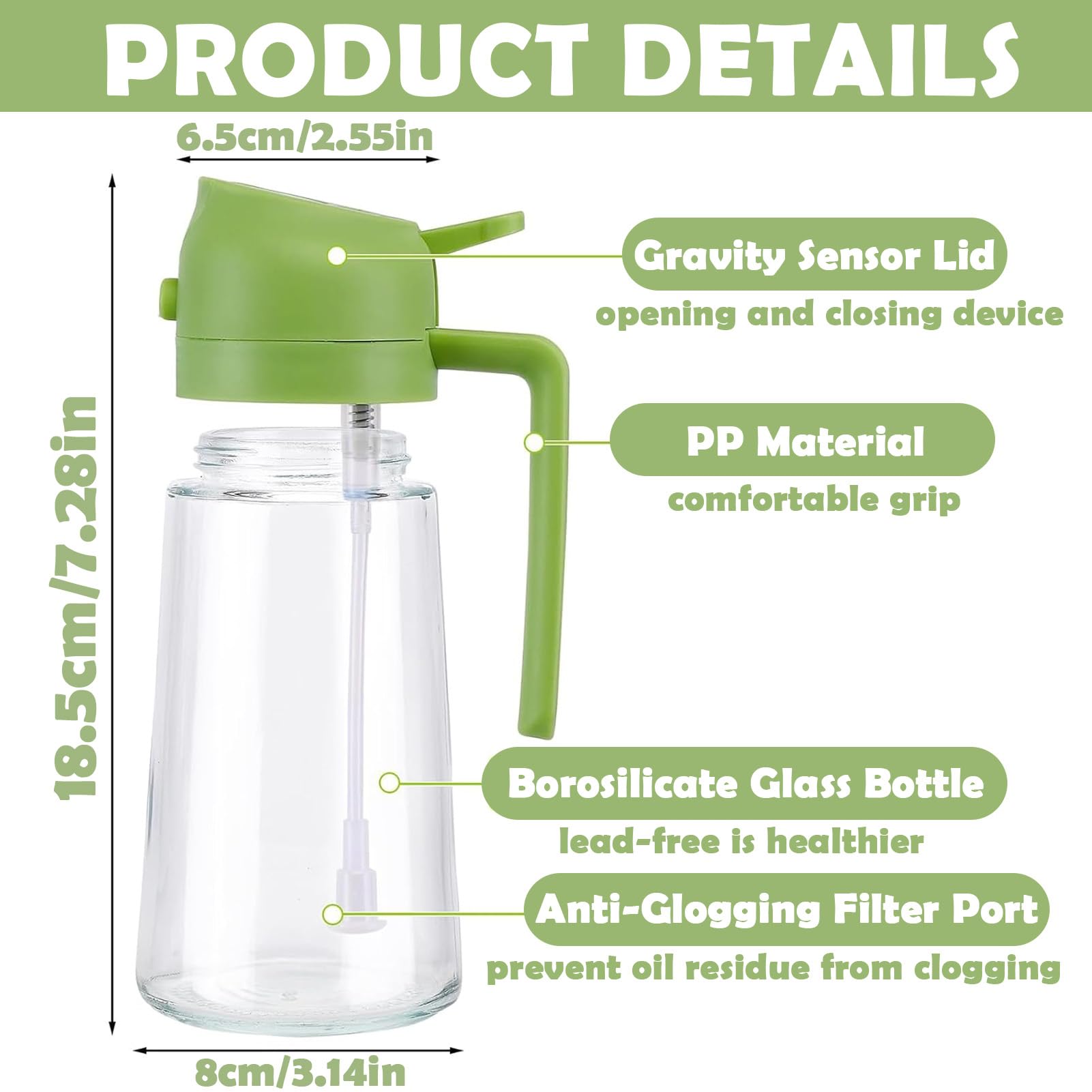 Horoper 17oz/470ml Olive Oil Dispenser for Kitchen, 2 in 1 Olive Oil Sprayer Bottle for Cooking Kitchen, Food Grade Olive Oils Dispenser Bottle for Kitchens Salad Frying BBQ (Green)