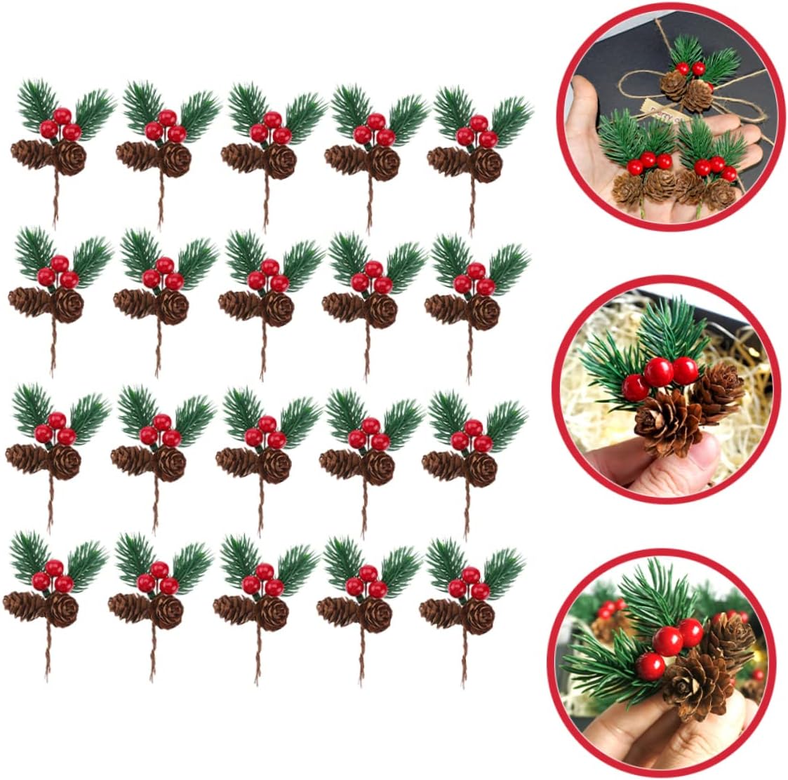 ABOOFAN 40pcs Artificial Pine Cone Picks Red Berries and Pine Needle Stems for Christmas Decor for Wreaths Floral Arrangements and