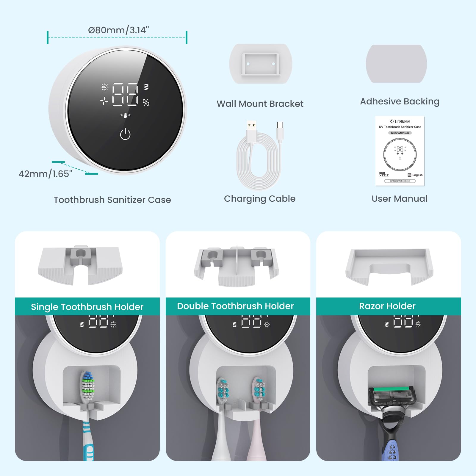 LifeBasis Porte-Brosse à Dents Électrique UV, Désinfection UVC/UVA avec Séchage à Air Chaud, Ouverture Automatique par Capteur, Support Mural pour 2 Brosses à Dents