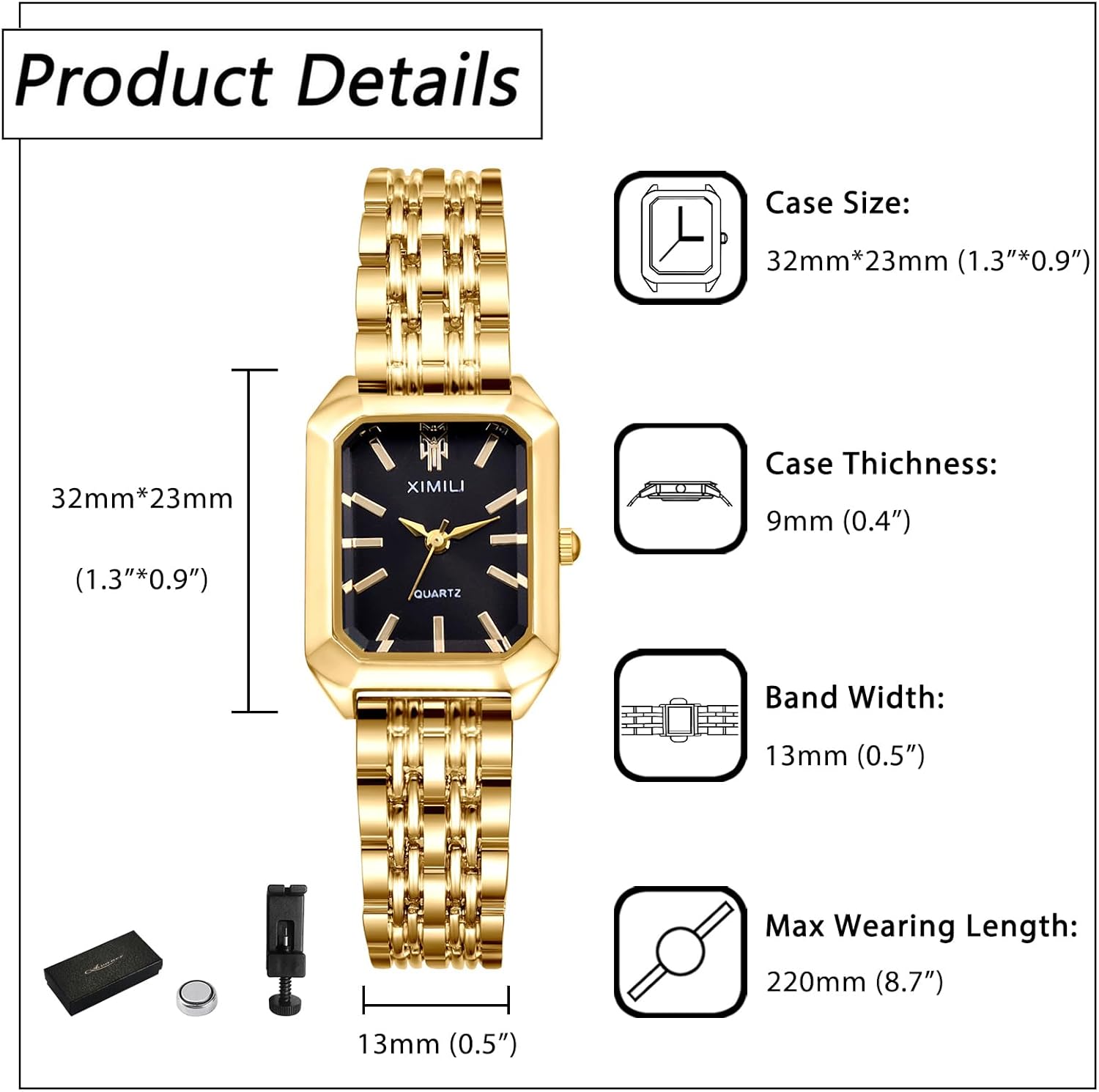 Avaner Women's Gold Square Watches: Stainless Steel Strap Analog Quartz Elegant Ladies Bracelet Wrist Watch - Image 6