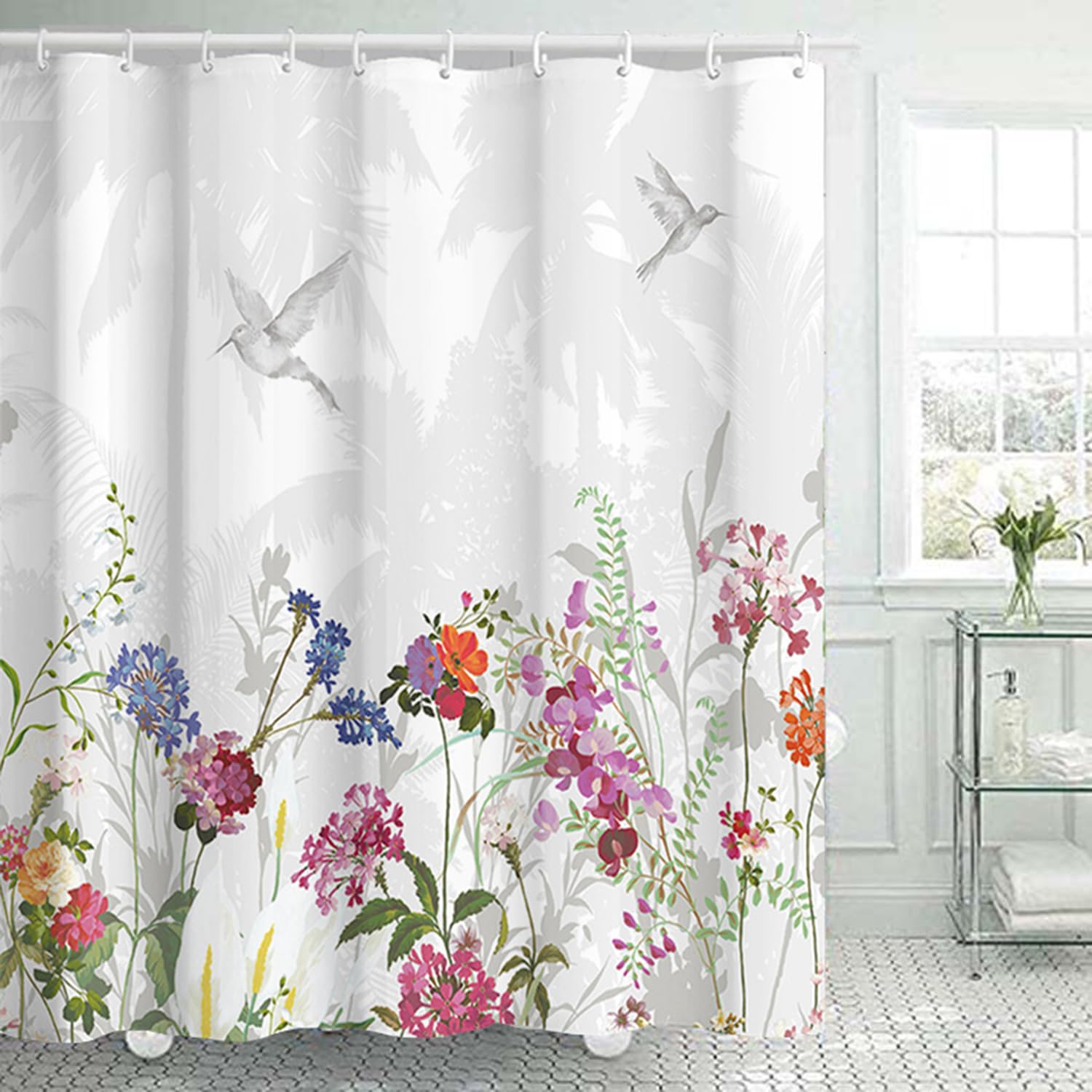 Jemsia Shower Curtain for Bathroom,Floral Bird Print Waterproof Anti Mould Bath Curtain with Weighted Hem,12 Hooks Floral Washable Polyester Shower Curtains for Bathroom Tubs Spa Wet Room - Image 2