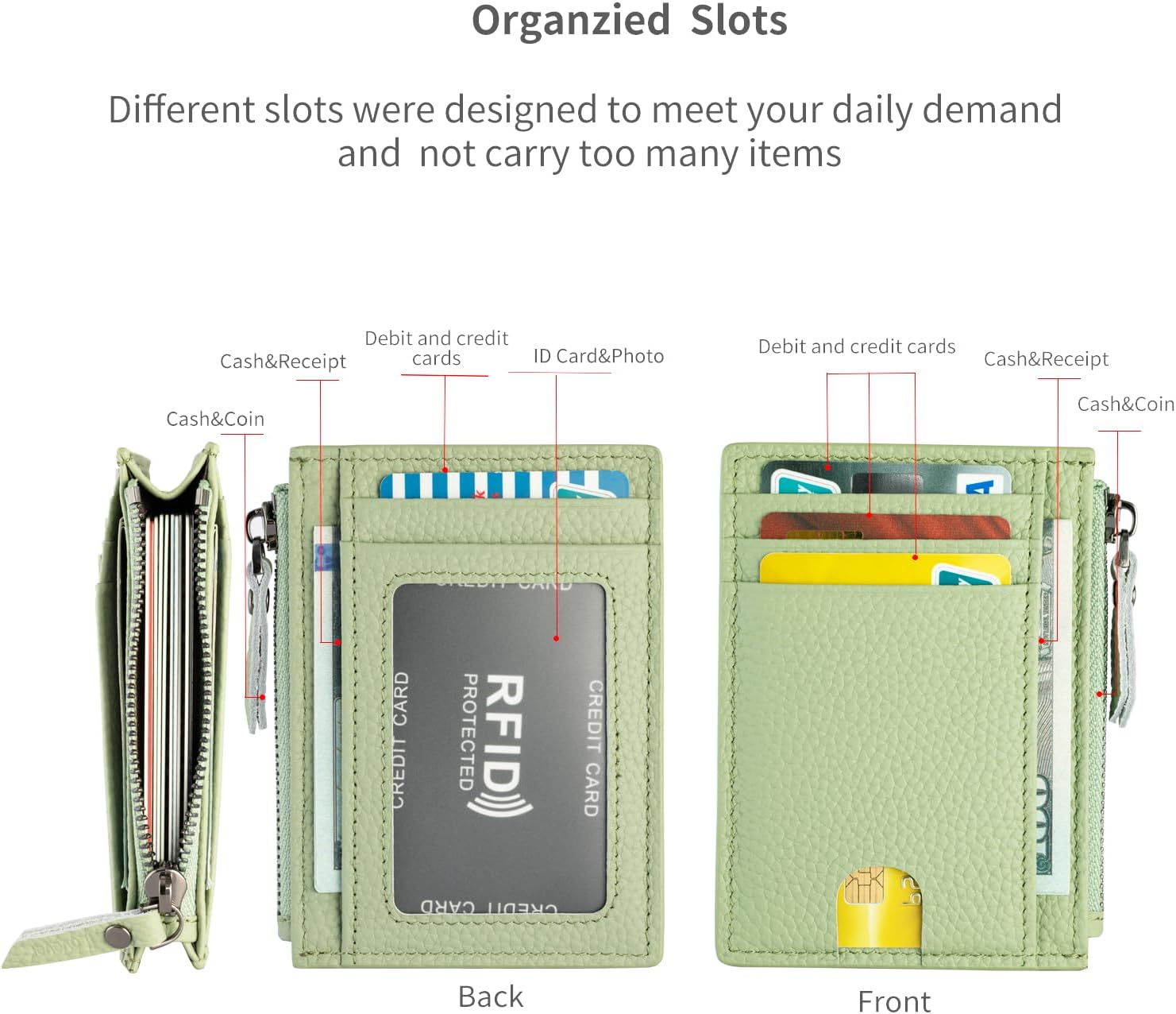 Slim Wallet for Women Small Leather RFID Blocking Credit Card Holder Minimalist Wallet with Coin Purses & Pouches,S Light Green - Image 2
