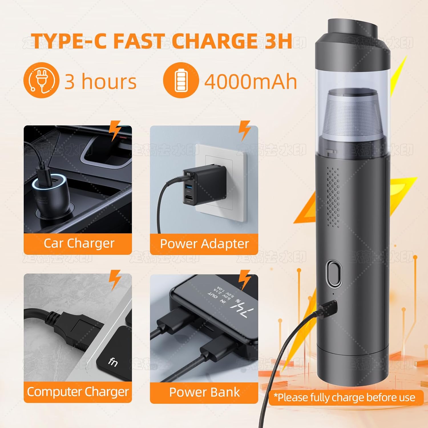 Car Vacuum Portable Cordless 19000Pa Powerful Suction, 4-in-1 Mini Vacuum Cleaner Rechargeable Type-C, Wireless Handheld Vacuum for Car, Office Desk & Home - Image 6
