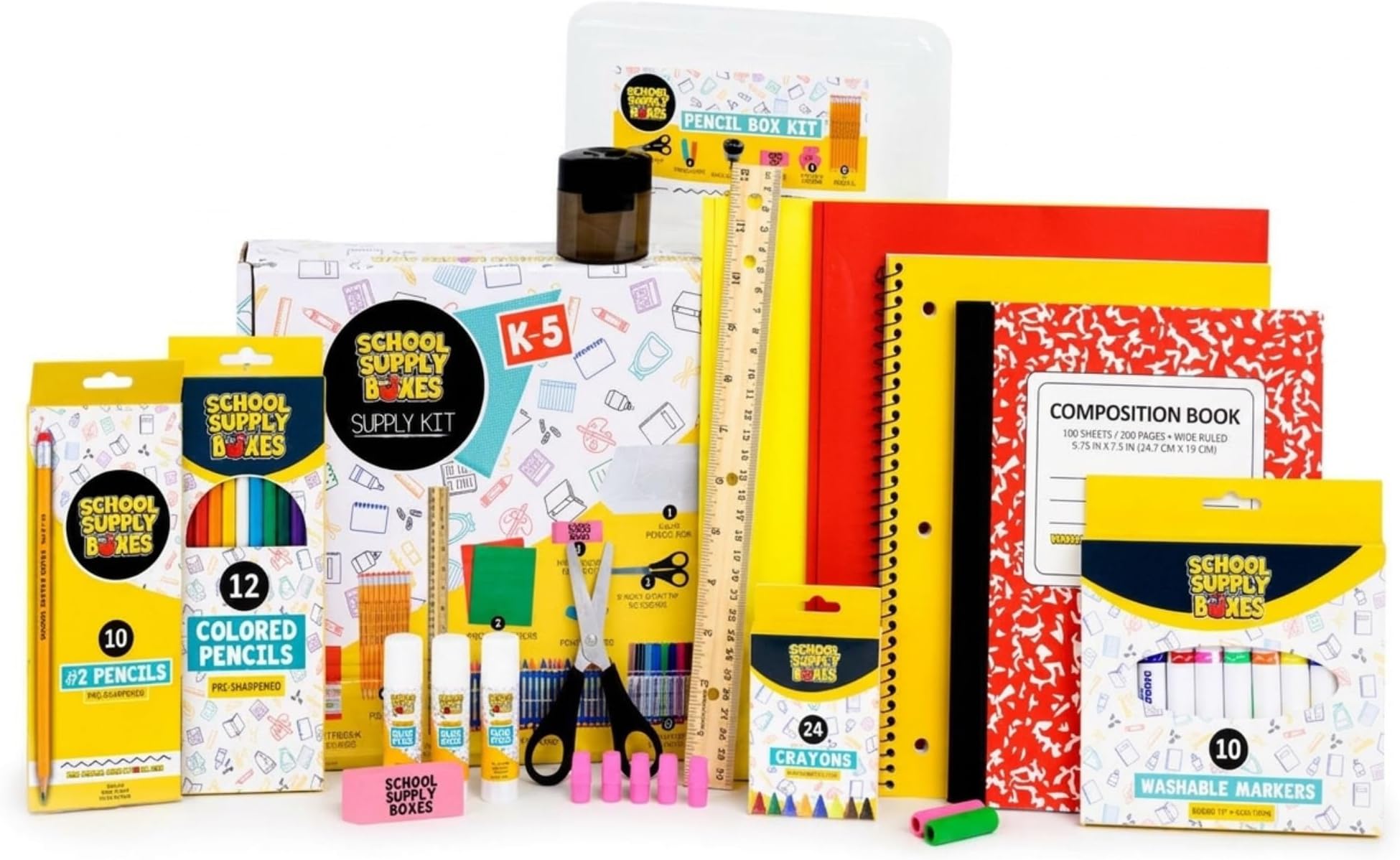 Back to School Supply Box Grades K-5 - School Supply Boxes - 32 Piece School Supplies Kit Includes Markers, Crayons, Pencils, Scissors, Folders, Glue Sticks, Notebook, and Composition Book