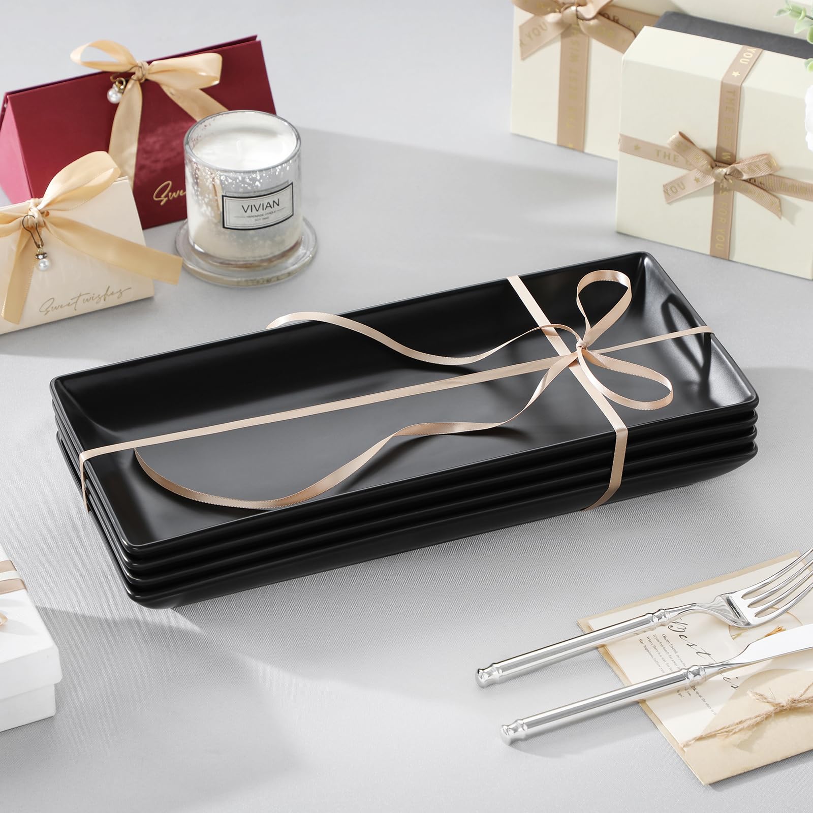 MALACASA Piatti da Portata in Porcellana 36 x 15,3 x 3,6 cm, Set di 4 Pezzi, Piatti da Portata Rettangolari Grandi per Buffet, Sushi, Torte, Antipasti a Casa, Feste o al Ristorante, Nero Opaco