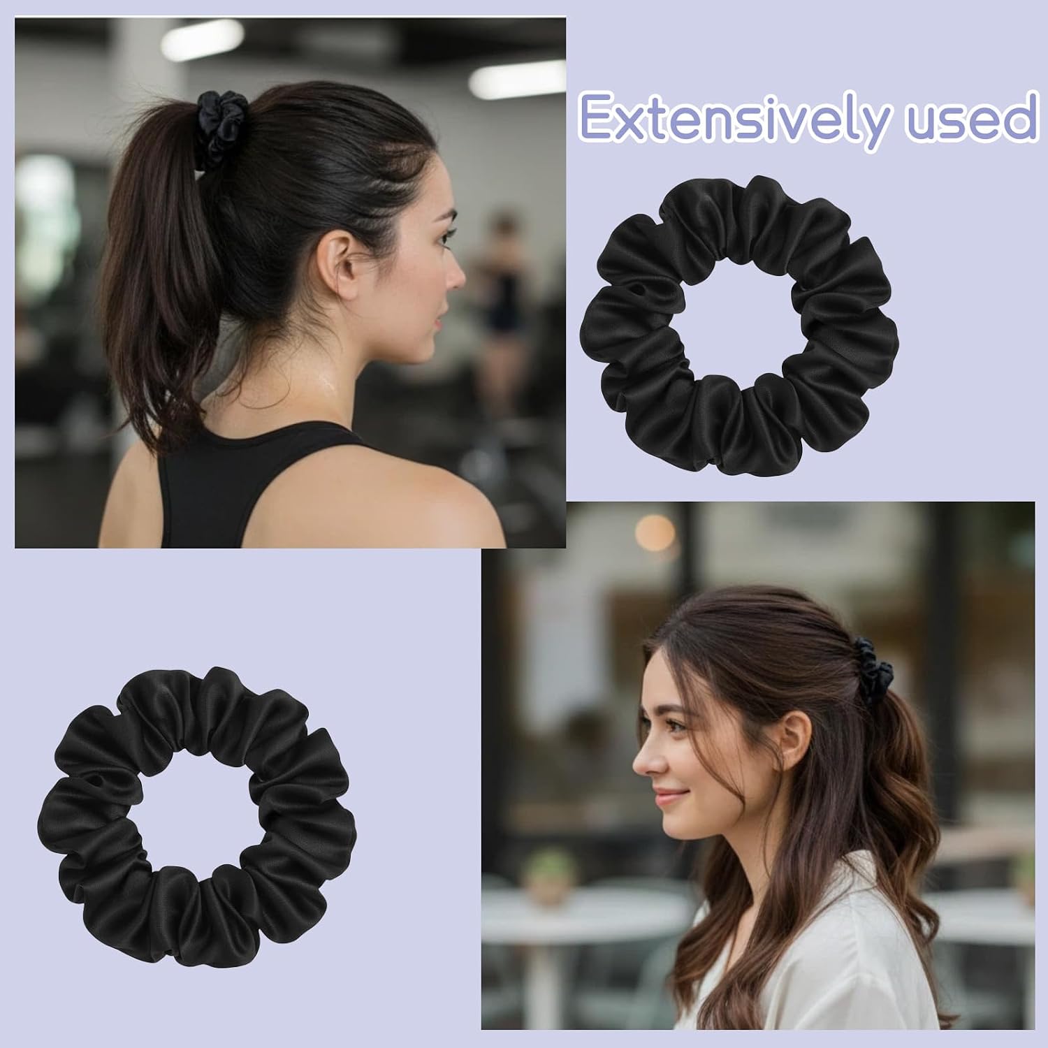 90 Pcs Silk Scrunchies Satin Black Solid Style Elastic Bands Hair Ties Large Vintage Ponytail Hair Accessories for Daily Party Women