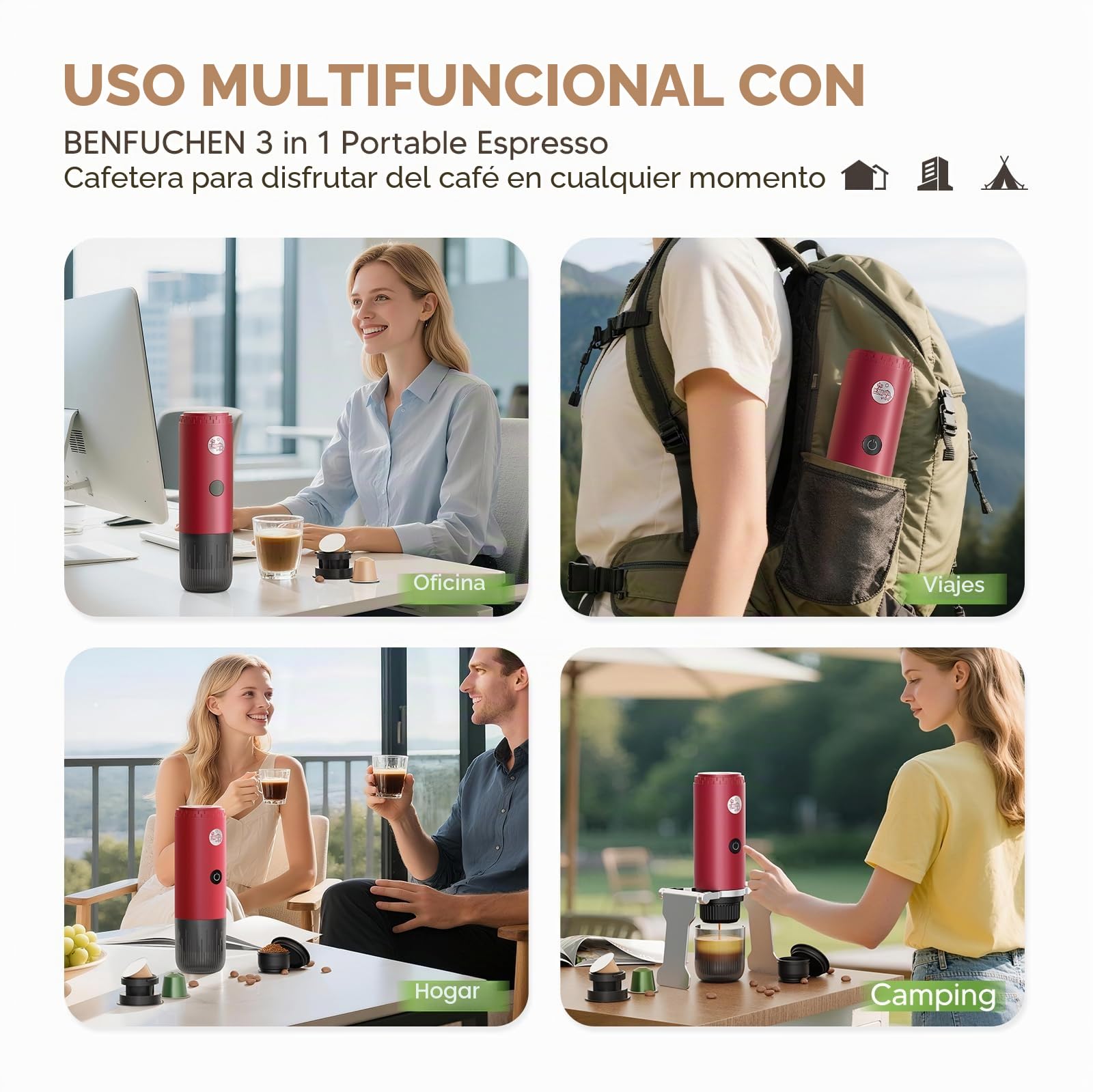 Cafetera portátil 3 en 1, máquina de espresso de 19 bares con calentamiento automático, compatible con cápsulas NS y DG, así como café molido para camping, senderismo, viajes y hogar (Rojo)