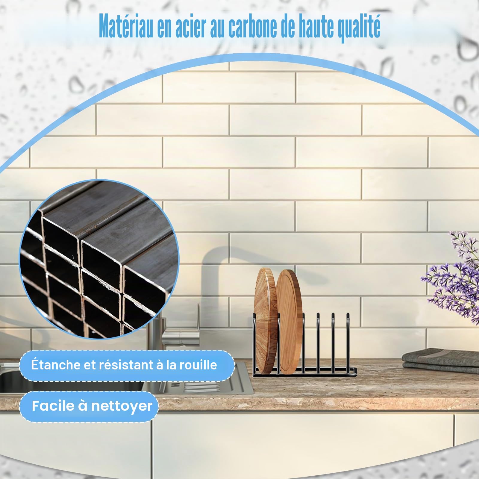 2 Pcs Support Planche à Découper en Acier au Carbone, Porte Planche à Découper avec 5 Fentes, Support pour Planches de Cuisson avec 8 Patins Antidérapants, pour Cuisine Plateau Drainage, Noir