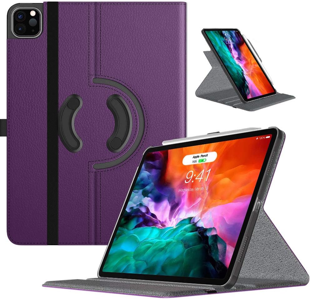 TiMOVO Case Fit New iPad Pro 12.9 Inch 2020 (4th Generation), 90 Degree Rotating Stand Leather Protective Cover, Smart Swivel Case [Support Apple Pencil Charging], Auto Sleep/Wake - Purple
