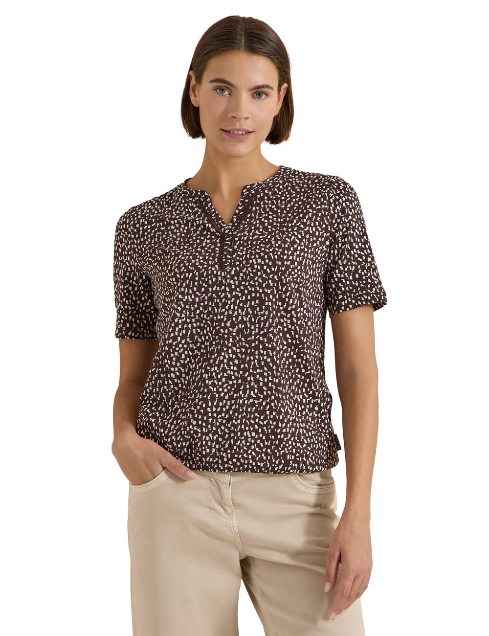 Cecil Women's 3230402 T-Shirt with Split Neck and Print (Pack of 1), Brown Cacao, M