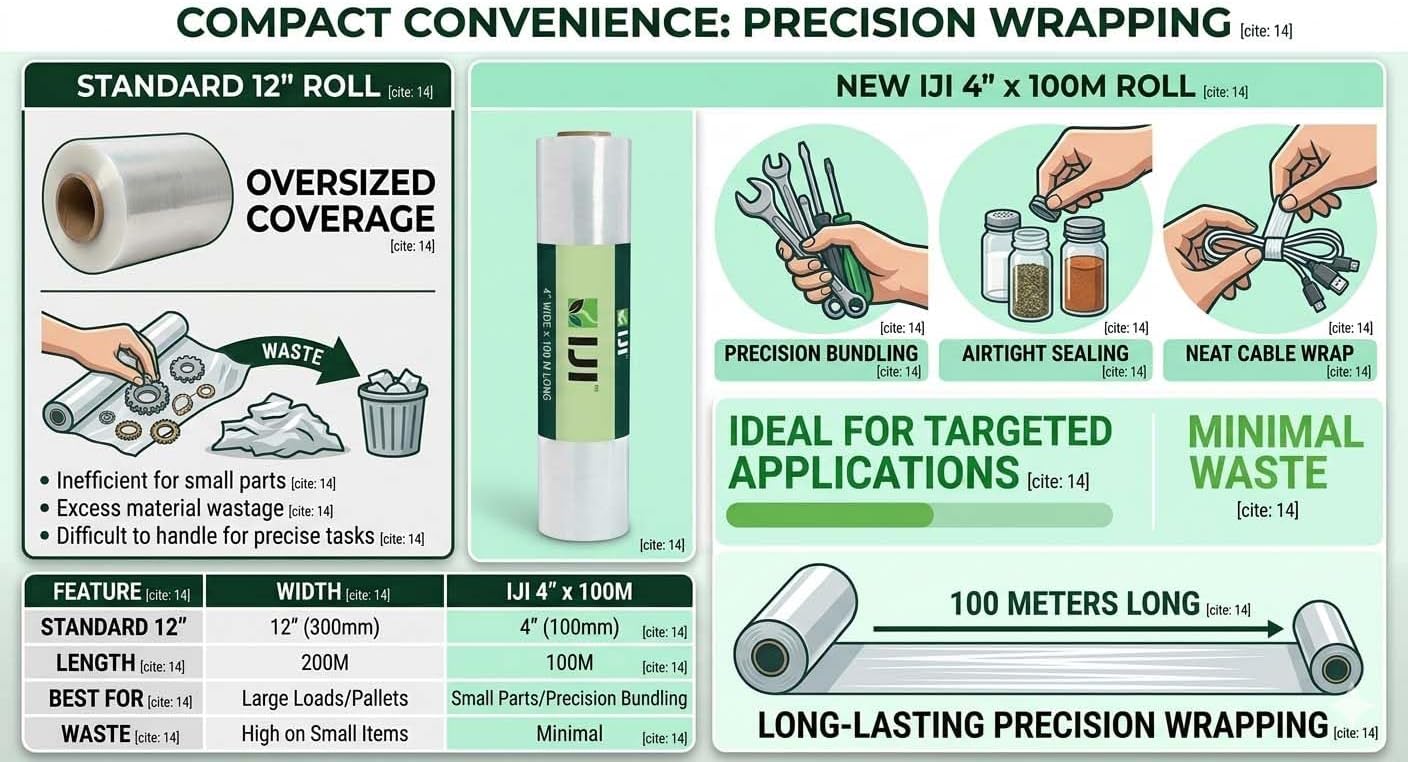 IJI 4-Inch Stretch Film Roll for Packing (100 Meters) – Plant-Based Multi-Purpose Wrap Roll – Heavy Duty Packing Material for Moving, Shipping & Household Use (White)