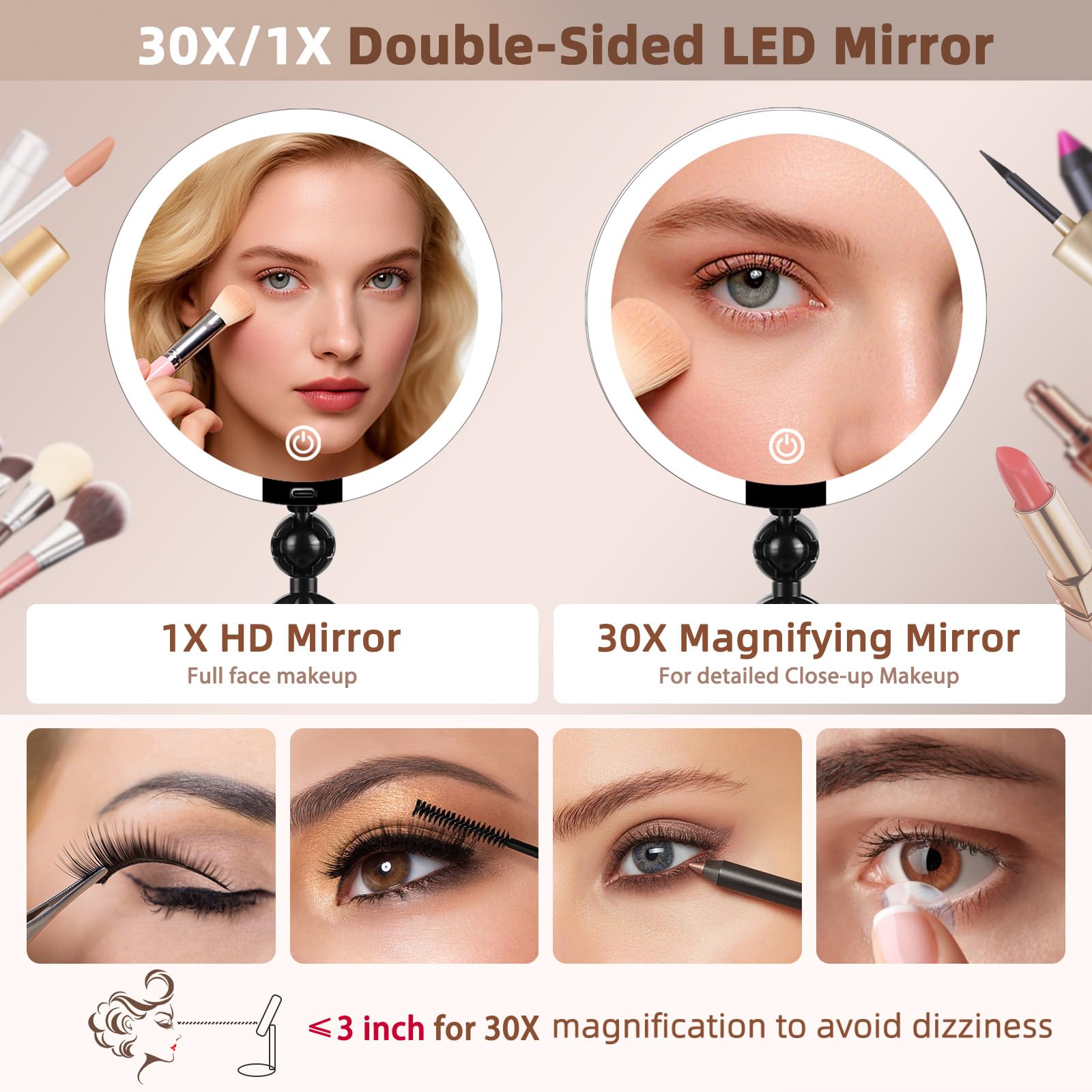Espejo de maquillaje de viaje con luces, espejos de tocador iluminados portátiles de 6 pulgadas para escritorio/viajes, espejo LED de atenuación de doble cara 1X+30X con soporte plegable ajustable
