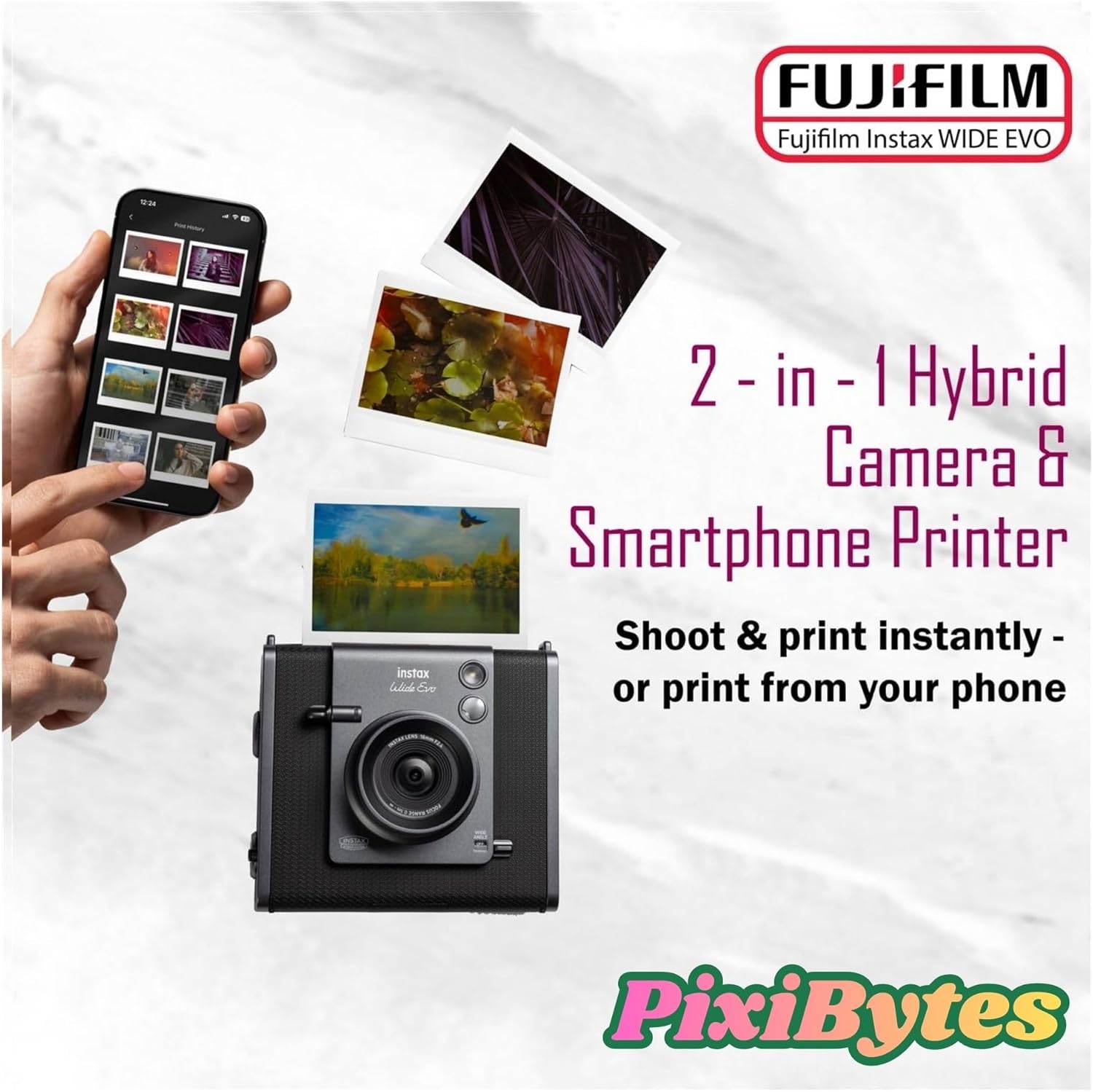 Fujifilm Instax Wide Evo Hybrid Instant Film Camera Bundle with Fuji Instax-Wide Instant Film and Pixibytes Microfiber Cleanin Cloth (2 Wide Twin Bundle, Black)