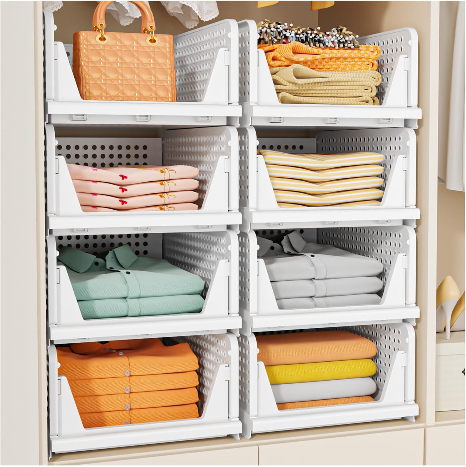 SNSLXH 5 Pack Stackable Closet Storage Basket, Multifunctional &amp; Foldable Closet Organizer for Bathroom Kitchen Laundry Room Wardrobe Storage, Space-Saving Clothes Storage Drawer Organizer, White